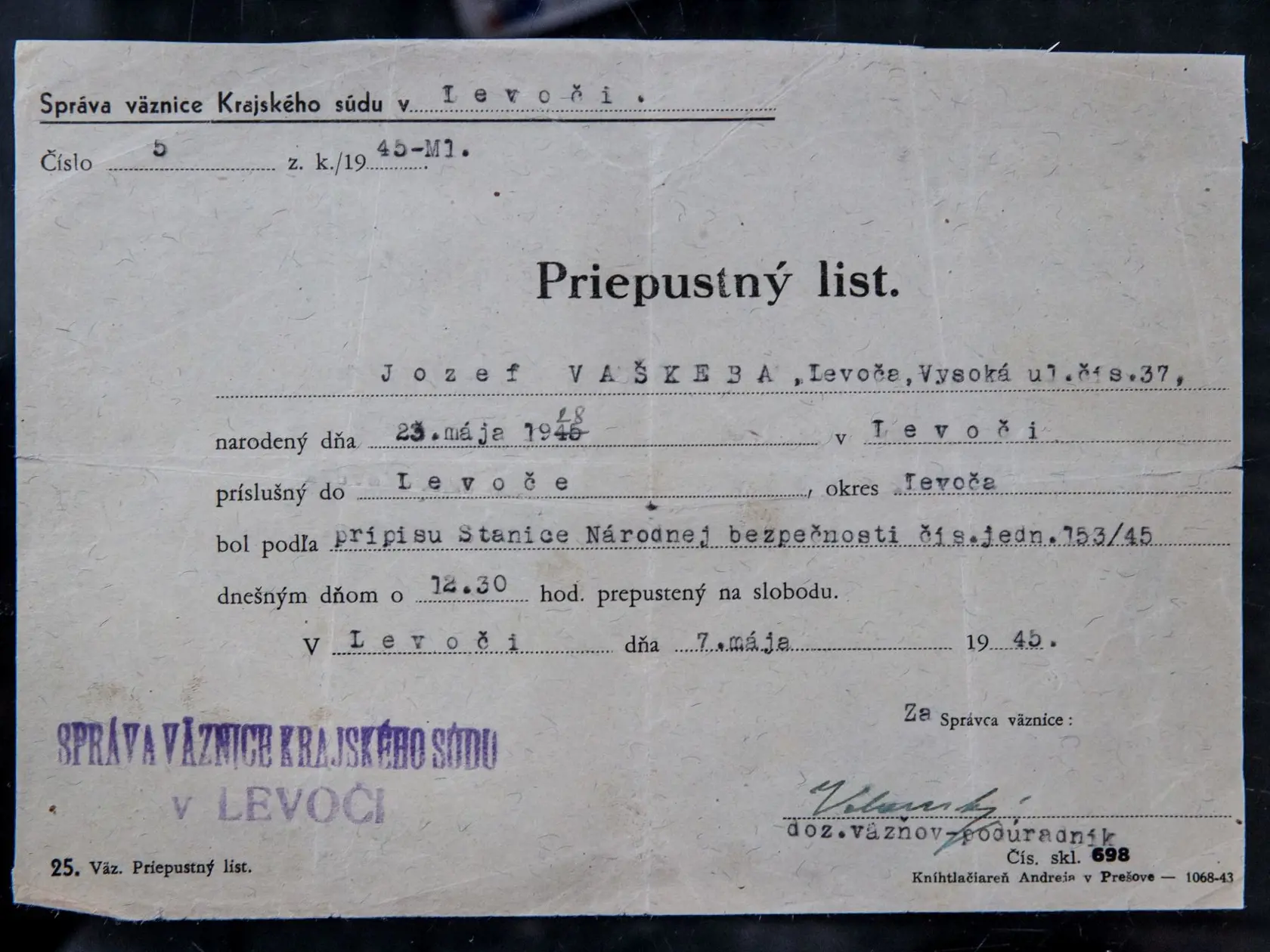Priepustný list z väzenia, v ktorom sa ocitol po kurióznej situácii.