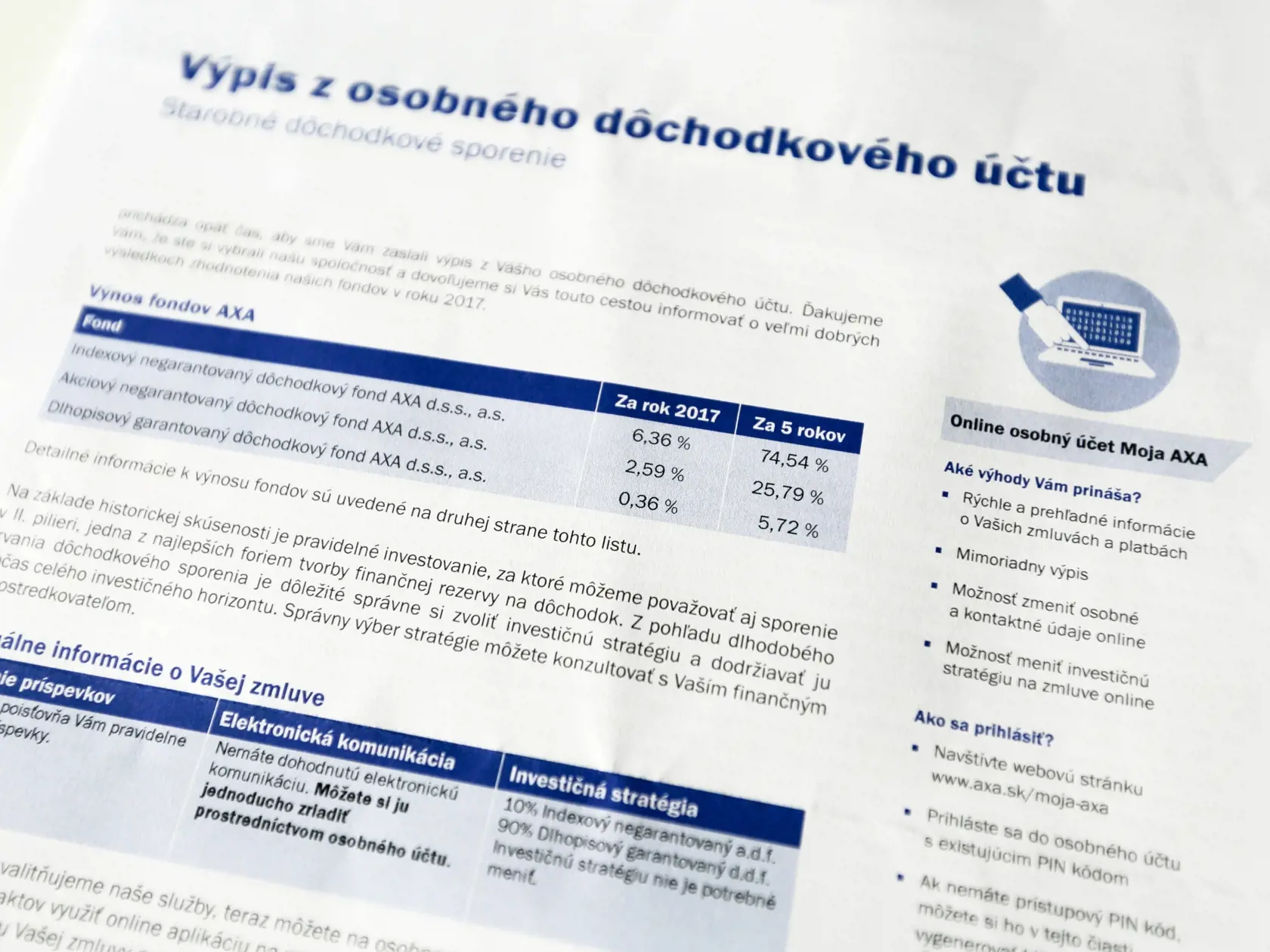 Na snímke výpis z dôchodkového fondu. Dôchodkové sociálne sporenie, druhý pilier. 