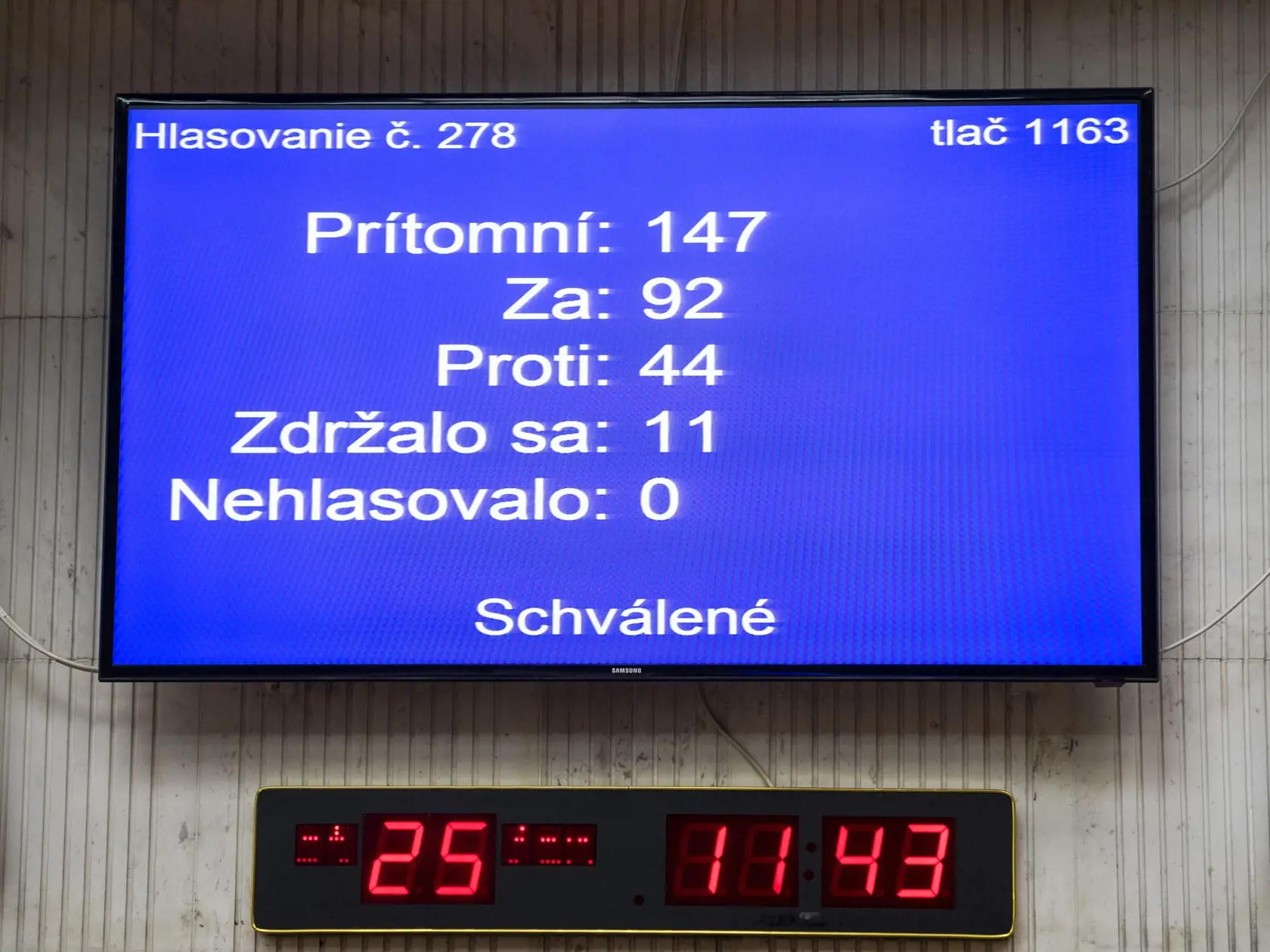 Na snímke tabuľa počas hlasovania na 78. schôdzi NRSR o zmene Ústavy na skrátenie volebného obdobia v Bratislave 25. januára 2023. FOTO TASR - Jaroslav Novák