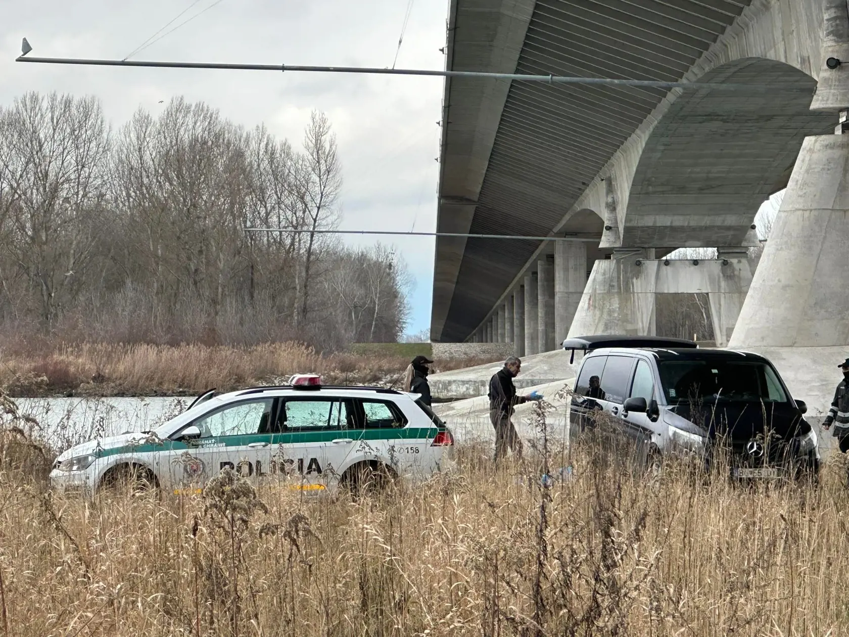 Telo nezvestnej 18-ročnej Terezky bolo nájdené pod mostom pri Dunaji ráno 1. februára 2023. Na snímke polícia a pohrebná služba nakladá jej telo do auta.