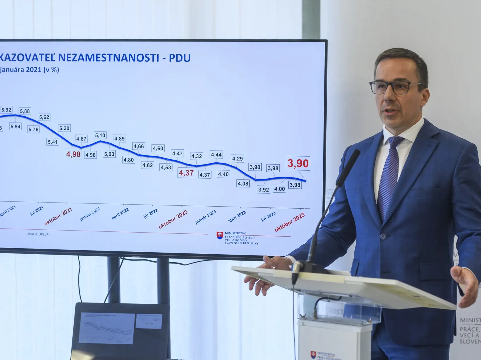 Na snímke minister práce, sociálnych vecí a rodiny SR Erik Tomáš počas tlačovej konferencie k aktuálnemu vývoju na trhu práce, programu zapojenia nezamestnaných pri odstraňovaní následkov zemetrasenia na východe Slovenska v Bratislave 20. novembra 2023. FOTO TASR - Jaroslav Novák