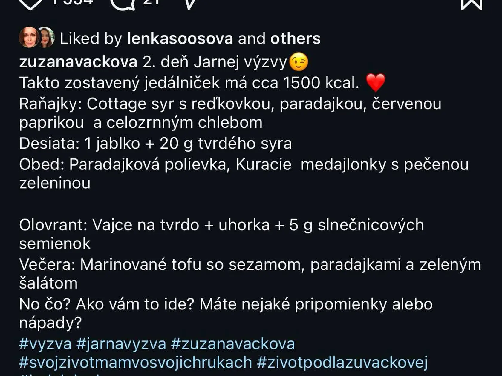 Takto vyzerá jedálniček Zuzky Vačkovej
