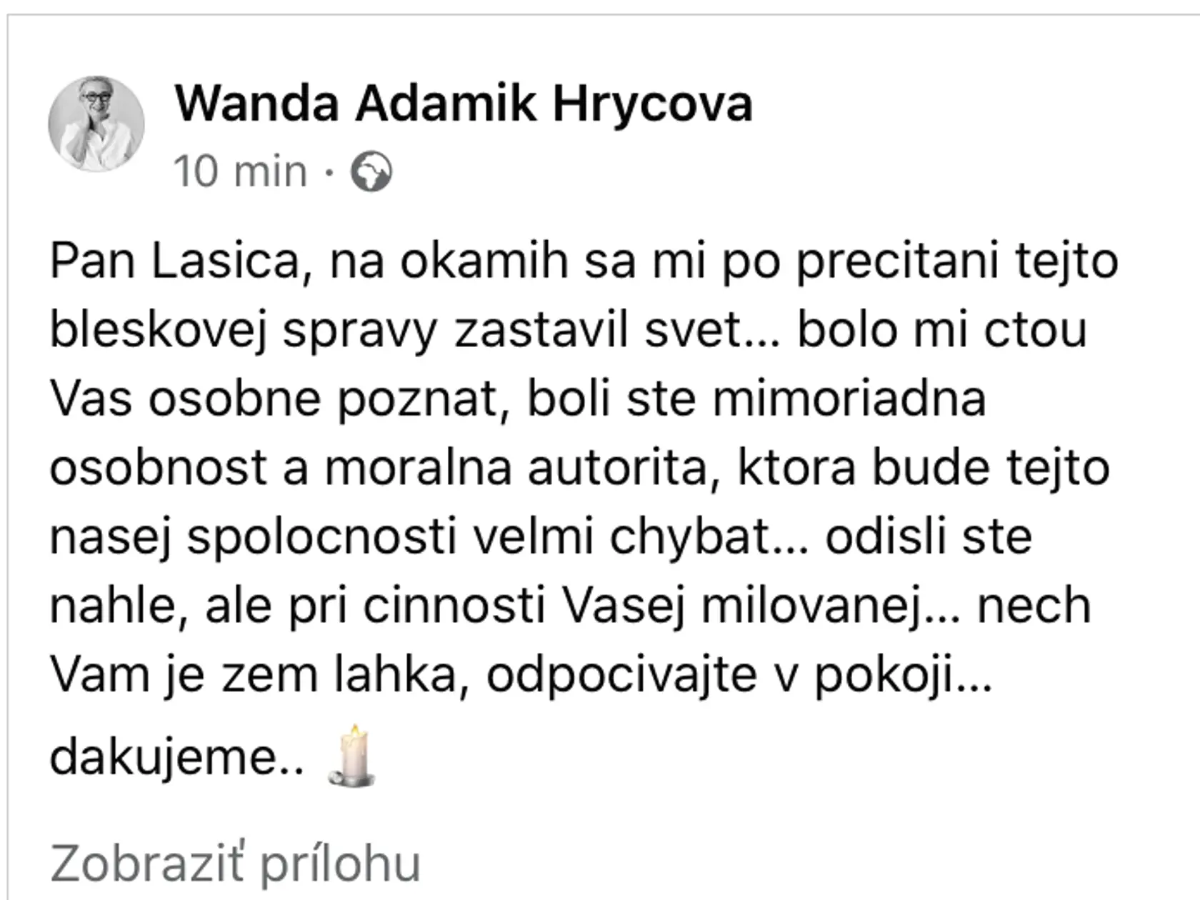 Wanda Hrycová spomína na Milana Lasicu.