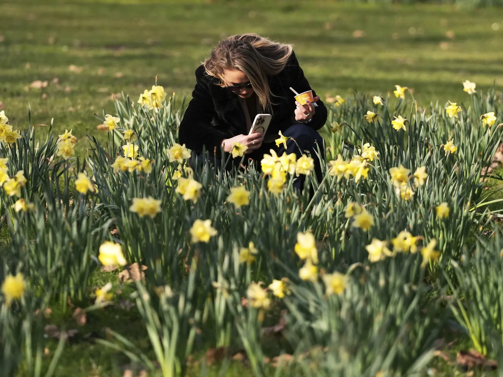 JB 29 Londýn - Žena si fotí na telefón narcisy počas slnečného a teplého počasia v parku Green Park v Londýne 6. marca 2025. FOTO TASR/AP  

A woman takes pictures on her phone of daffodils as sunny and warm midday weather invites people for a rest in Green Park, London, Thursday, March 6, 2025. (AP Photo/Frank Augstein)
