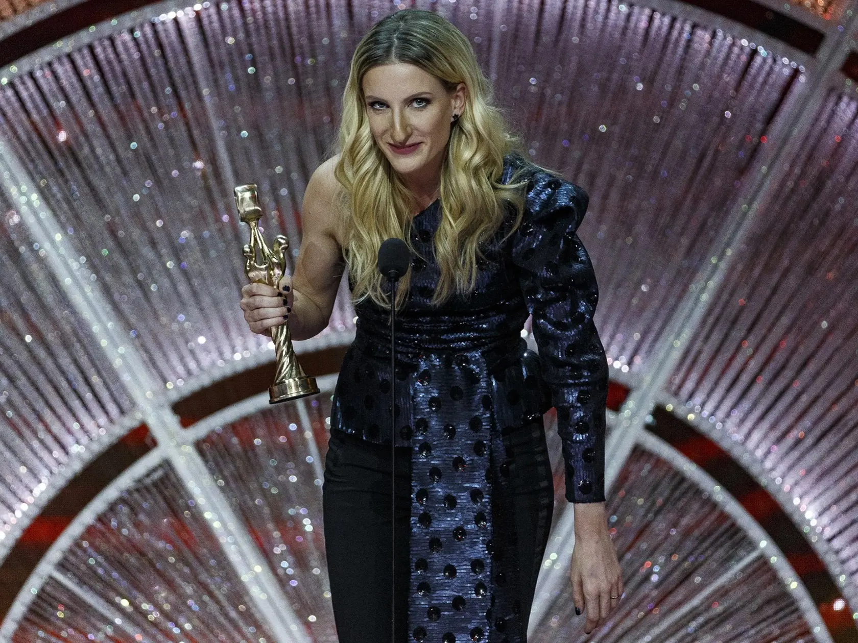 Na snímke Adela Vinczeová počas priameho prenosu z galavečera OTO 2019.