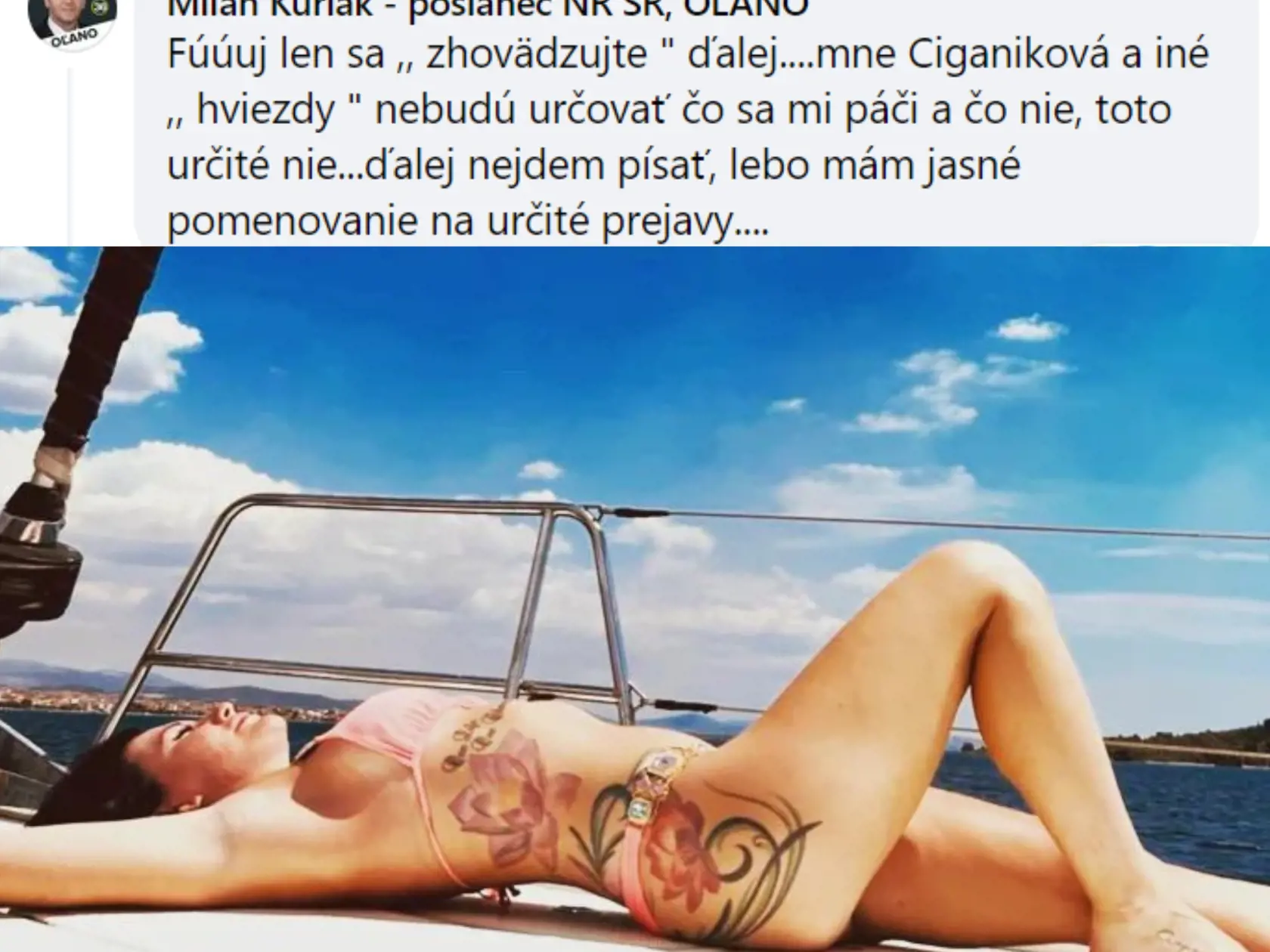 Poslanca OĽANO Milana Kuriaka pohoršili fotky Jany Bittó Cigánikovej (SaS) v plavkách. 