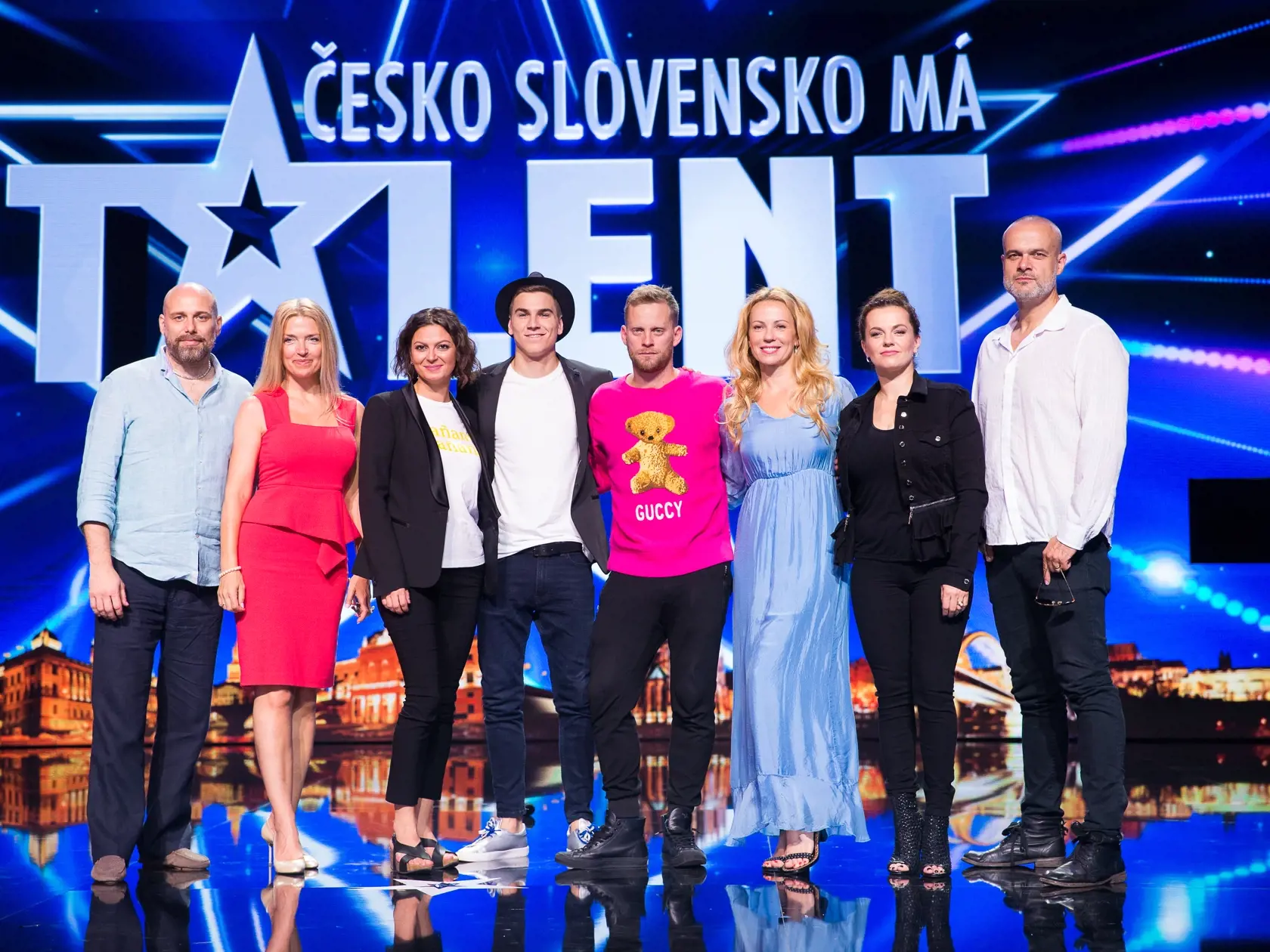 Tlačová konferencia k projektu Československo má talent 2018 v štúdiách televízie JOJ na Bratislavskej Kolibe. Na snímke Jeffo Minařík, Lujza Garajová Schrameková, David Gránsky, Jakub Prachař, Diana Mórová, Marta Jandová a Jaroslav Slávik.