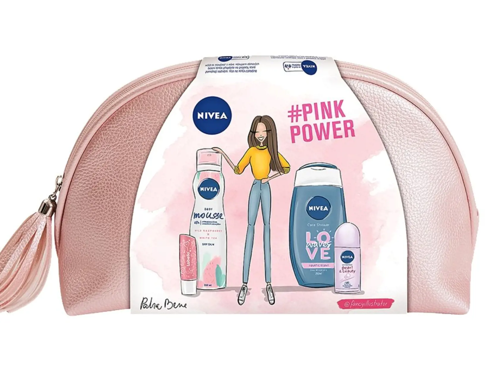 Vianočné balenie „Pre originálne dievča“, dizajn od Patra Bene (telová pena, antiperspirant, sprchovací gél, balzam na pery), Nivea, 14,82 €