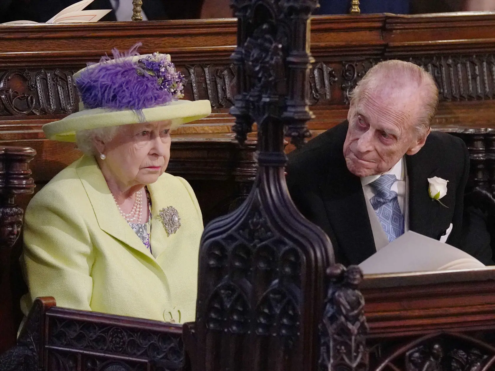 WINDSOR, UNITED KINGDOM - MAY 19: Queen Elizabeth II and  Prince Philip, Duke of Edinburgh attend the wedding of Prince Harry to Meghan Markle  at St George's Chapel at Windsor Castle on May 19, 2018 in Windsor, England. (Photo by Jonathan Brady - WPA Pool/Getty Images)