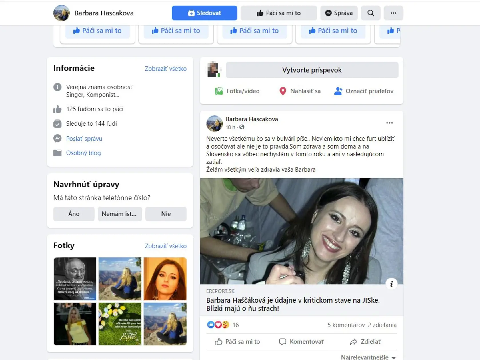 Tento status sa objavil na Haščákovej fanúšikovskej stránke na Facebooku.