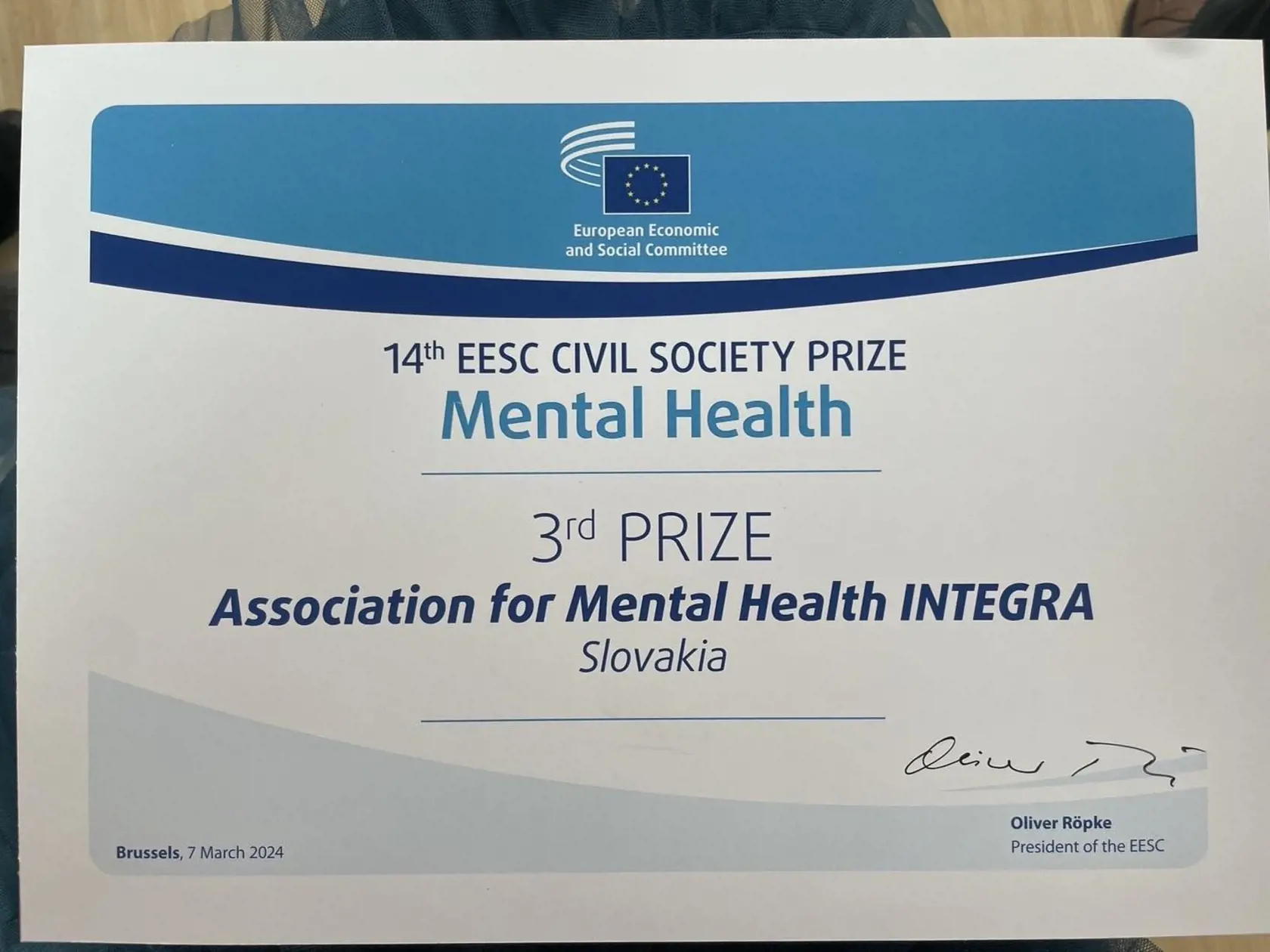 Ocenenie európskeho hospodárskeho a sociálneho výboru pre michalovské združenie Integra.