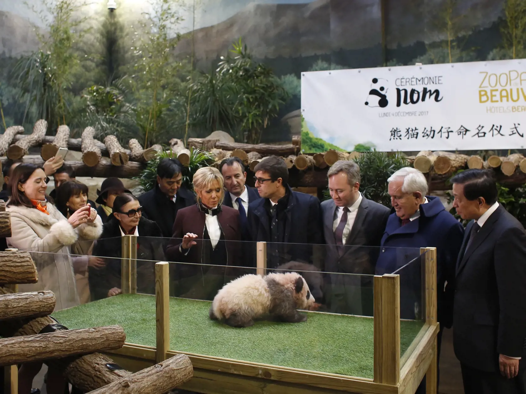 French First lady Brigitte Macron, center left, attends with officials a naming ceremony of the panda born at the Beauval Zoo in Saint-Aignan-sur-Cher, France, Monday, Dec. 4, 2017. The 4-month-old cub is called Yuan Meng, which means "the realization of a wish" or "accomplishment of a dream." (AP Photo/Thibault Camus, Pool)