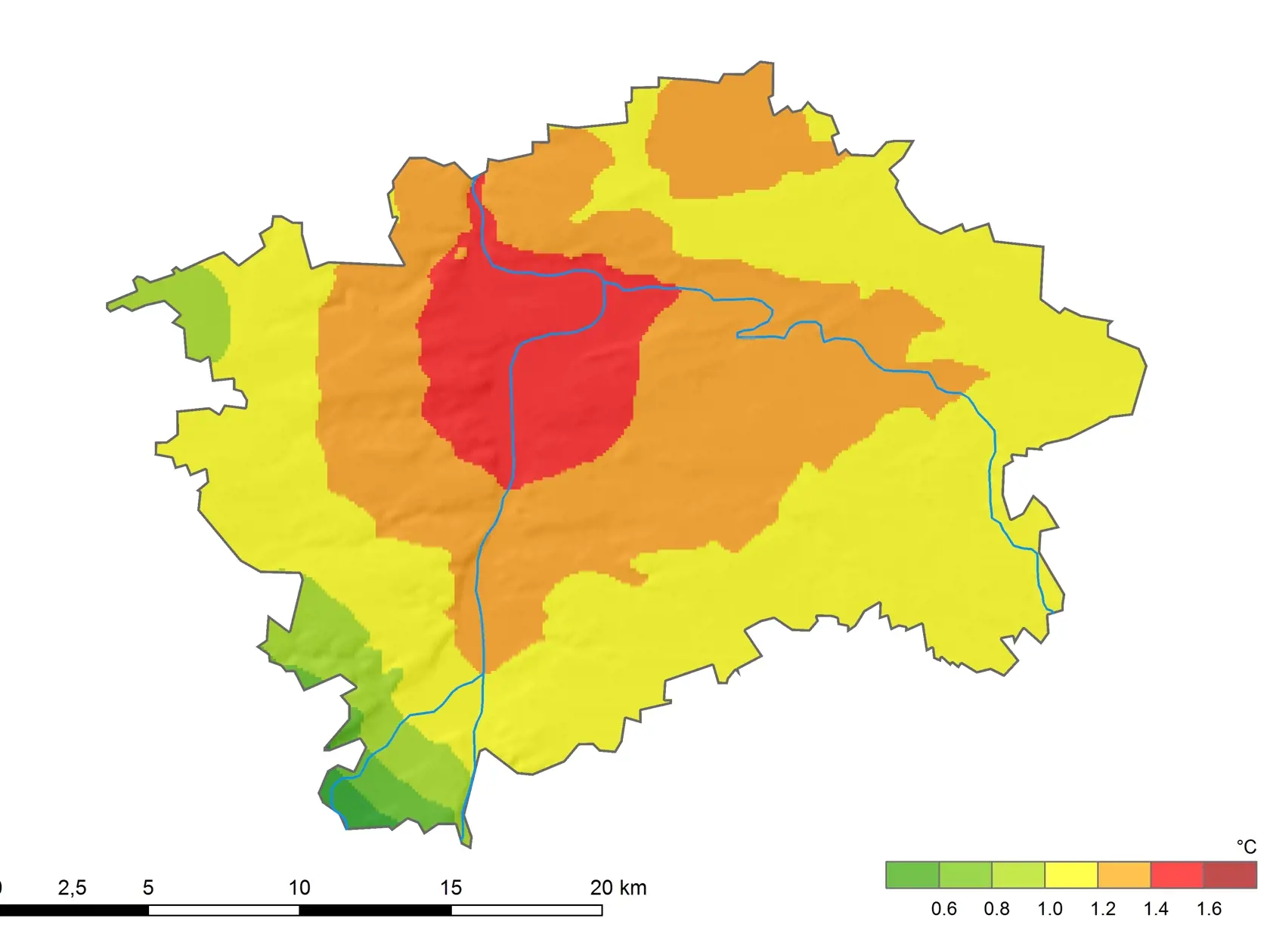 Tepelná mapa Prahy: Jasne vidieť, že v centre, kde sú zväčša budovy, betón a asfalt, sú teploty najvyššie. K okrajom Prahy sa zmierňujú. A dole i hore vľavo vidno zelenú farbu, teda je tam zeleň a teploty sú znesiteľné.