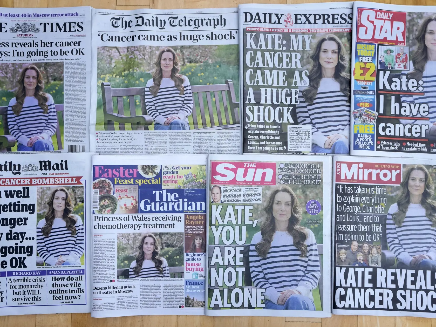 KK10 Londýn - Na sníme titulné strany niektorých britských novín v Londýne v sobotu 23. marca 2024. Princezná z Walesu Catherine v piatok oznámila, že jej diagnostikovali rakovinu a podrobuje sa preventívnej chemoterapii. Informuje o tom TASR na základe správ televízií BBC a Sky News. Vo zverejnenom videu 42-ročná Catherine uviedla, že plánovaná operácia brušnej dutiny, ktorej sa podrobila v januári, bola úspešná a pôvodne sa predpokladalo, že nejde o rakovinu. Neskoršie testy však odhalili onko