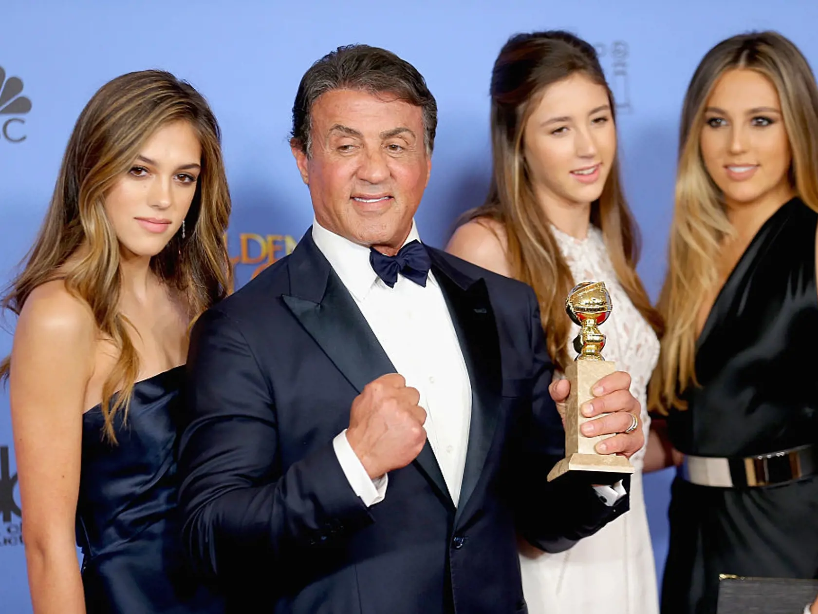 BEVERLY HILLS, CA - JANUARY 10:  Actor Sylvester Stallone (2nd L), winner of Best Supporting Performance in a Motion Picture for 'Creed,' poses in the press room with daughters Sistine, Sophia and Scarlet during the 73rd Annual Golden Globe Awards held at the Beverly Hilton Hotel on January 10, 2016 in Beverly Hills, California.  (Photo by Mark Davis/Getty Images)