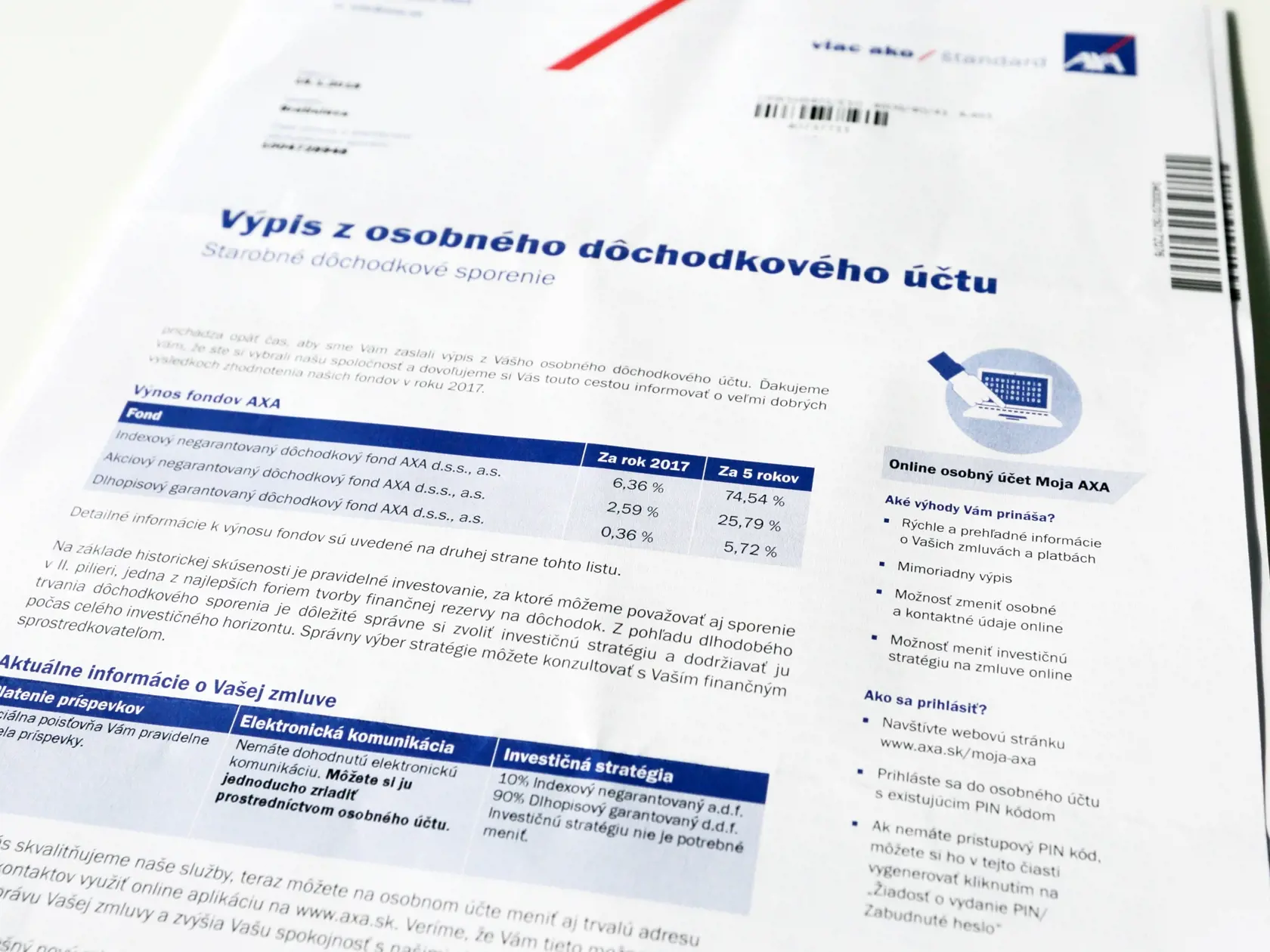 Na snímke výpis z dôchodkového fondu. Dôchodkové sociálne sporenie, druhý pilier. 