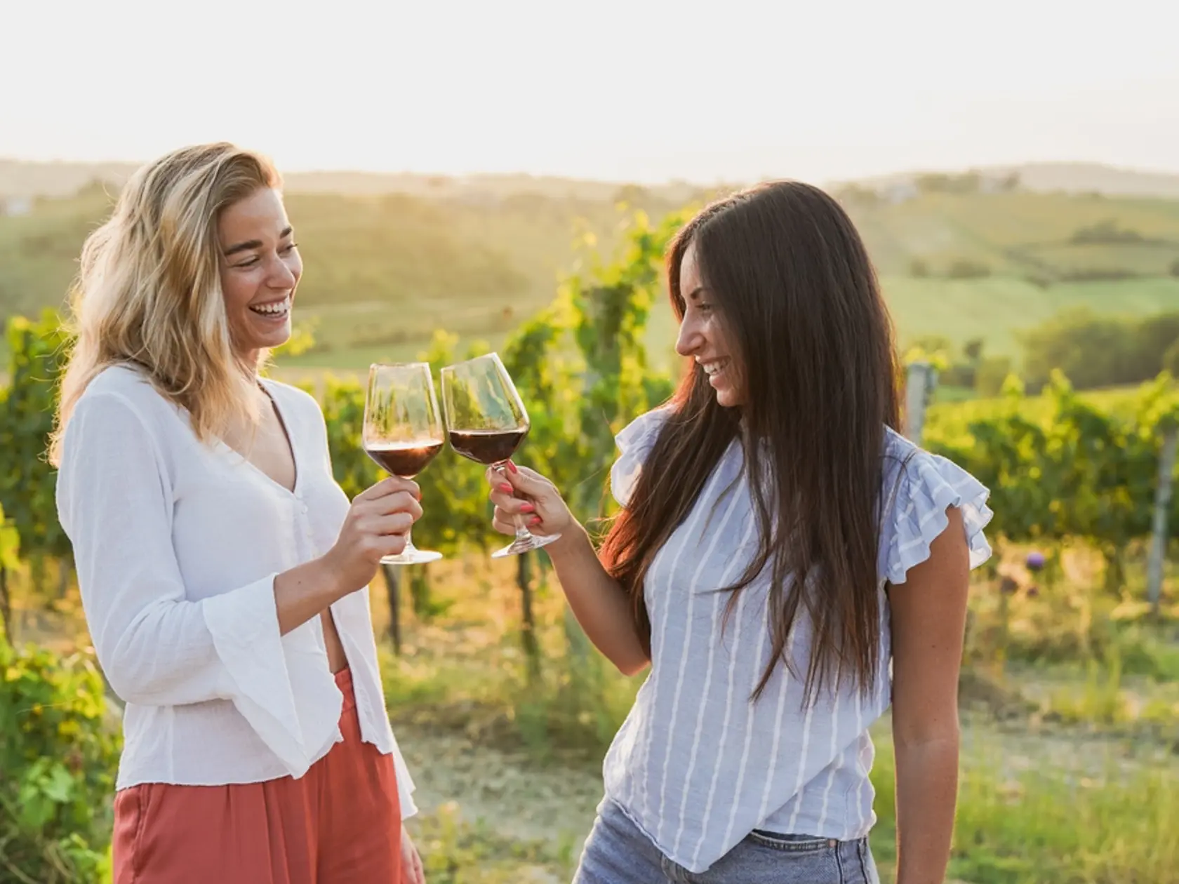 Young,Female,Friends,Tasting,Wine,With,Wineyard,In,The,Background