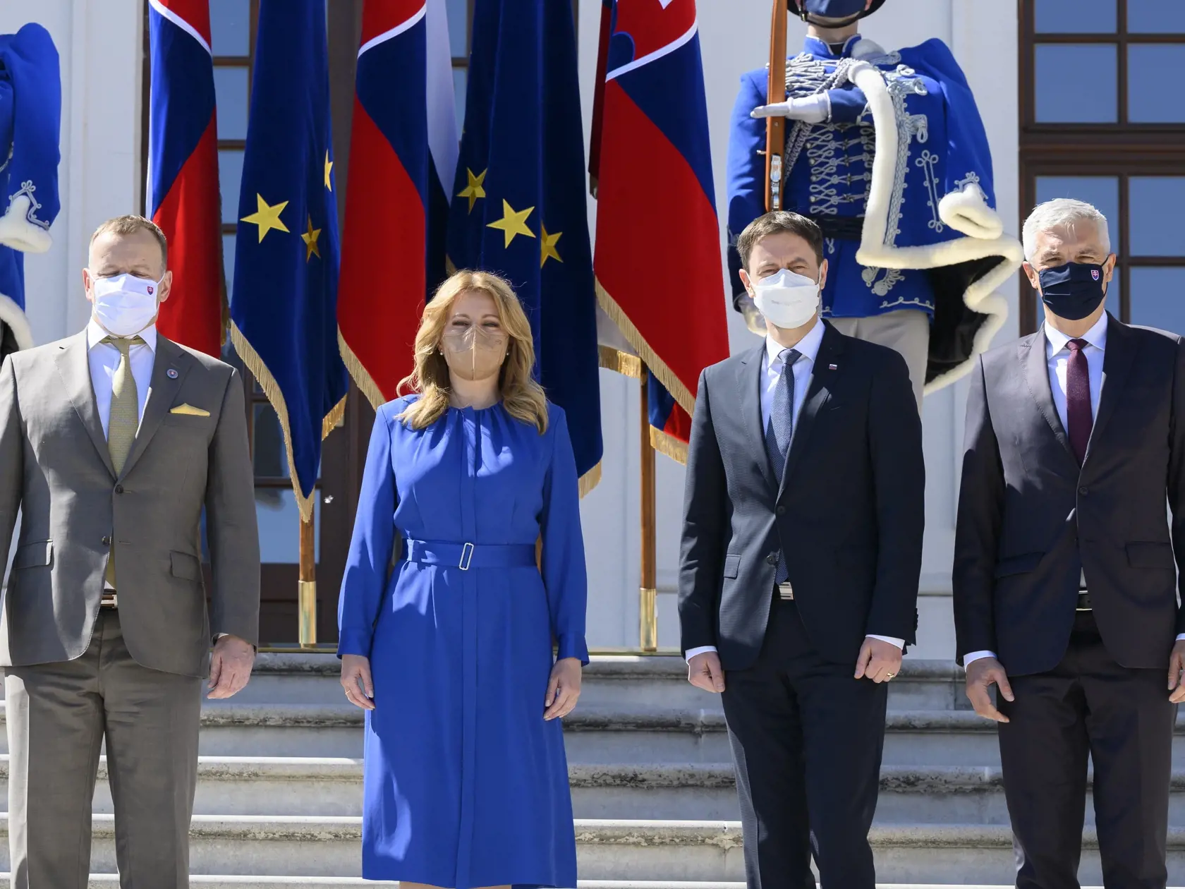 Na snímke druhá vľavo prezidentka SR Zuzana Čaputová, vľavo predseda NR SR Boris Kollár (Sme rodina),  druhý sprava predseda vlády SR Eduard Heger (OĽaNO) a šéf slovenskej diplomacie 	
Ivan Korčok (nominant SaS) počas tlačovej konferencia o budúcnosti Európy v Bratislave v nedeľu 9. mája 2021.