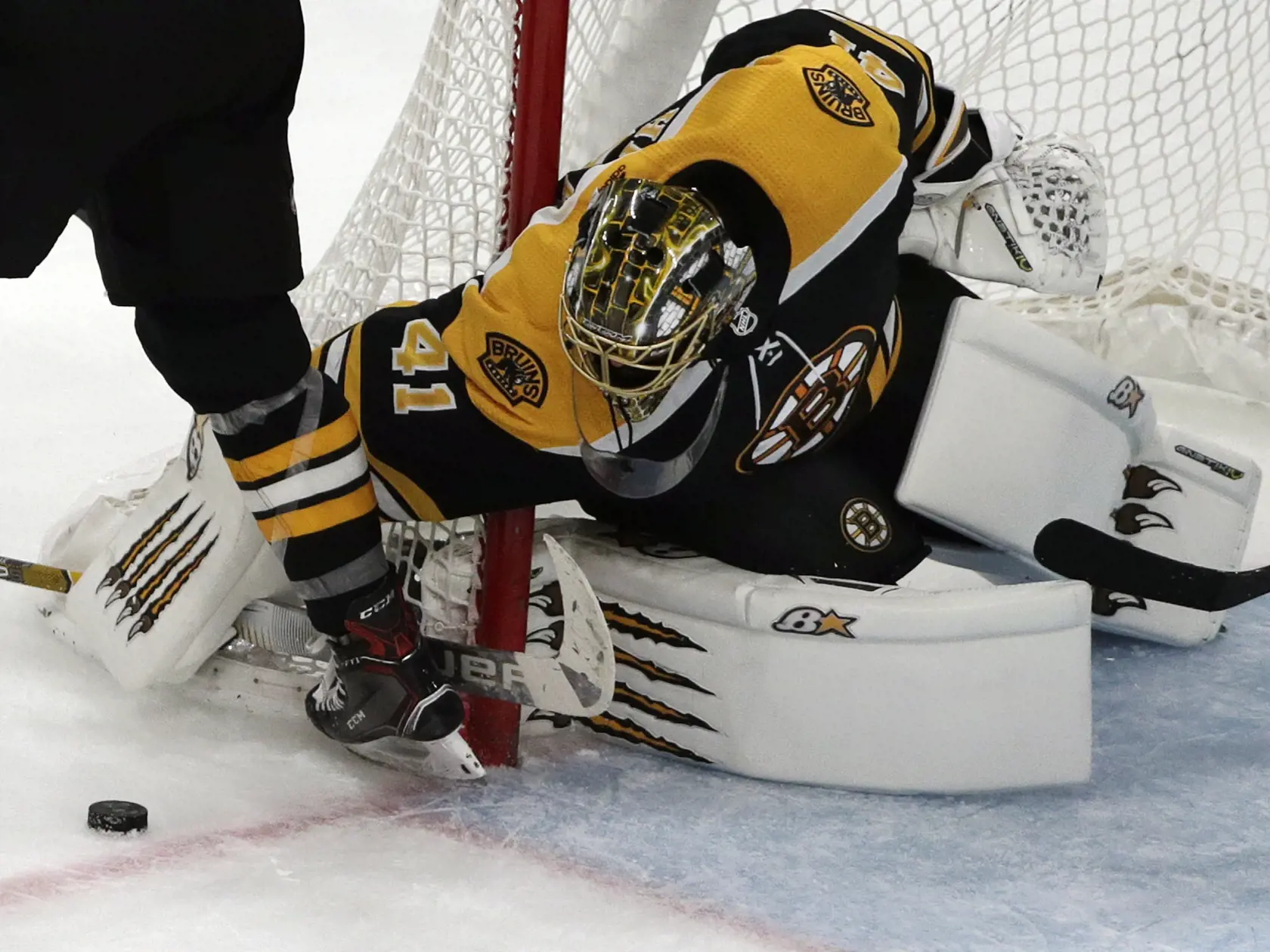 Boston Bruins goaltender Jaroslav Halak (41) keeps his eye on the puck in the third period of an NHL hockey game against the Anaheim Ducks, Thursday, Dec. 20, 2018, in Boston. The Bruins won 3-1. (AP Photo/Elise Amendola)