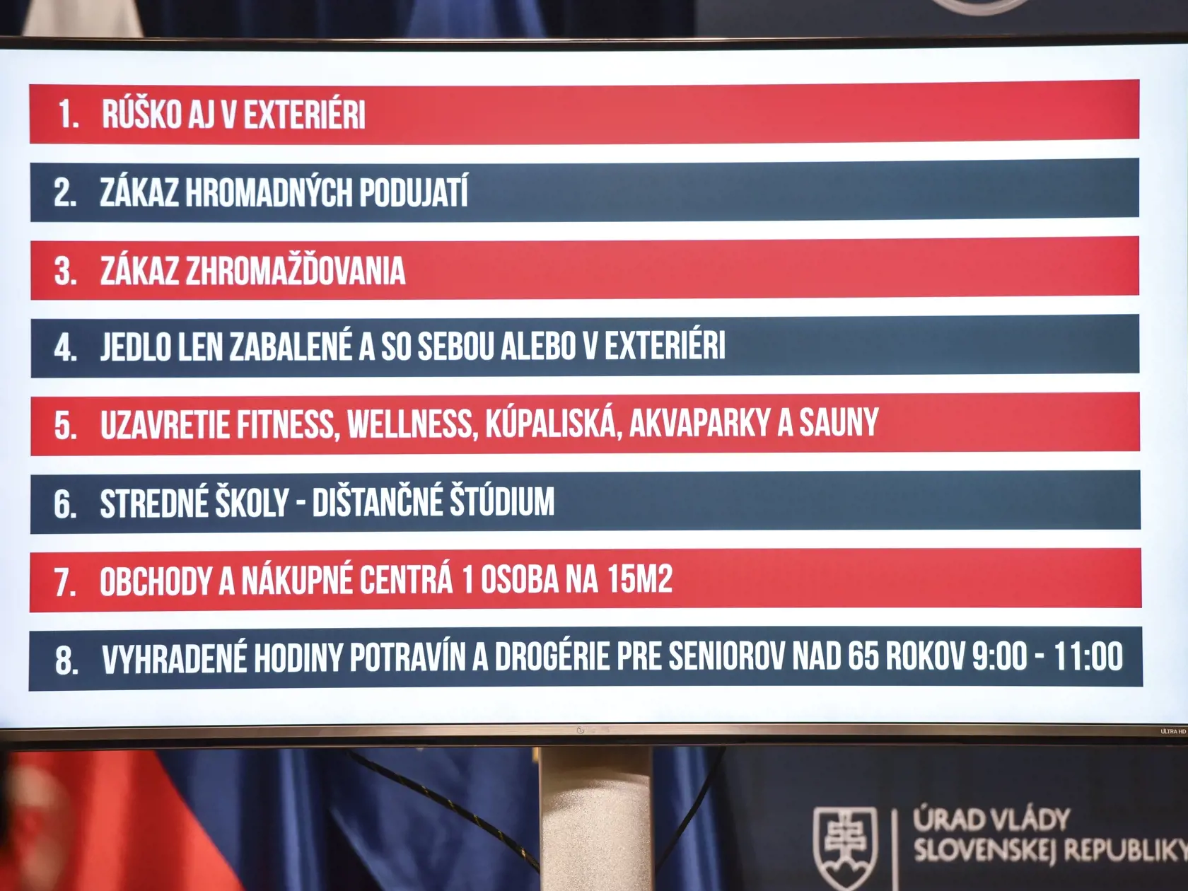 Na snímke súhrn nových protiepidemických opatrení, ktoré prijal ústredný krízový štáb SR a ktoré nadobudnú platnosť od 15. októbra, počas tlačovej konferencie po zasadnutí ústredného krízového štábu SR, 11. októbra 2020 v Bratislave. Medzi ne bude patriť povinnosť nosiť rúško aj v exteriéri, zákaz hromadných podujatí, zákaz zhromažďovania sa, reštaurácie budú môcť podávať len zabalené jedlo a jeho konzumácia bude možná len v exteriéri. Zatvoria sa fitnescentrá, wellness zariadenia, akvaparky, kú