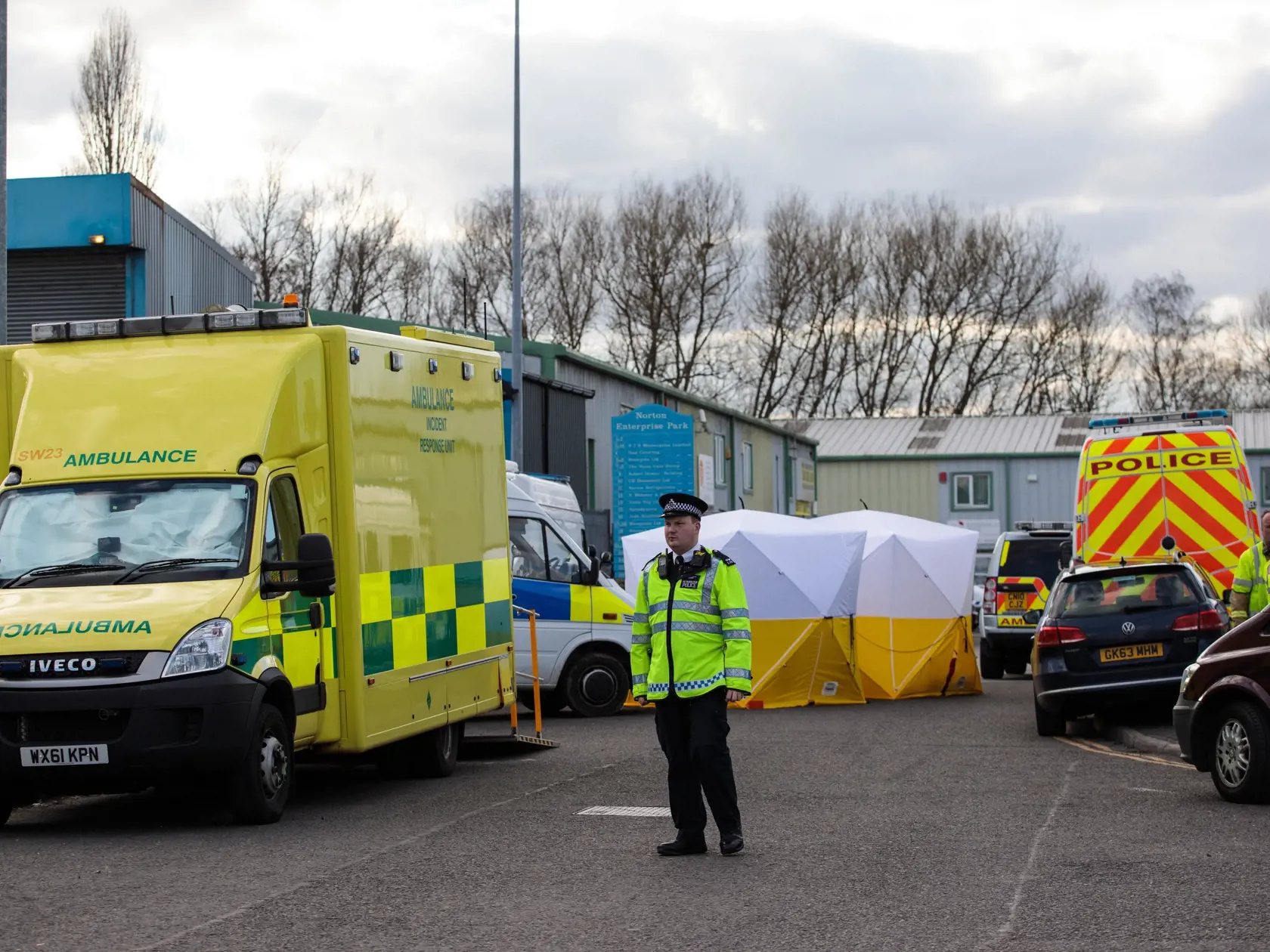 SALISBURY, ENGLAND - MARCH 13: Members of the emergency services on the scene outside a vehicle recovery centre as investigations continue into the poisoning of Sergei Skripal on March 13, 2018 in Salisbury, England. British Prime Minister Theresa May has given the Russian government a deadline of midnight tonight to explain why a nerve agent of Russian origin was used in the poisoning of former Russian agent Sergei Skripal and his daughter. Mr Skripal who was granted refuge in the UK following a 'spy swap' between the US and Russia in 2010 and his daughter remain critically ill after being attacked with a nerve agent. (Photo by Jack Taylor/Getty Images)