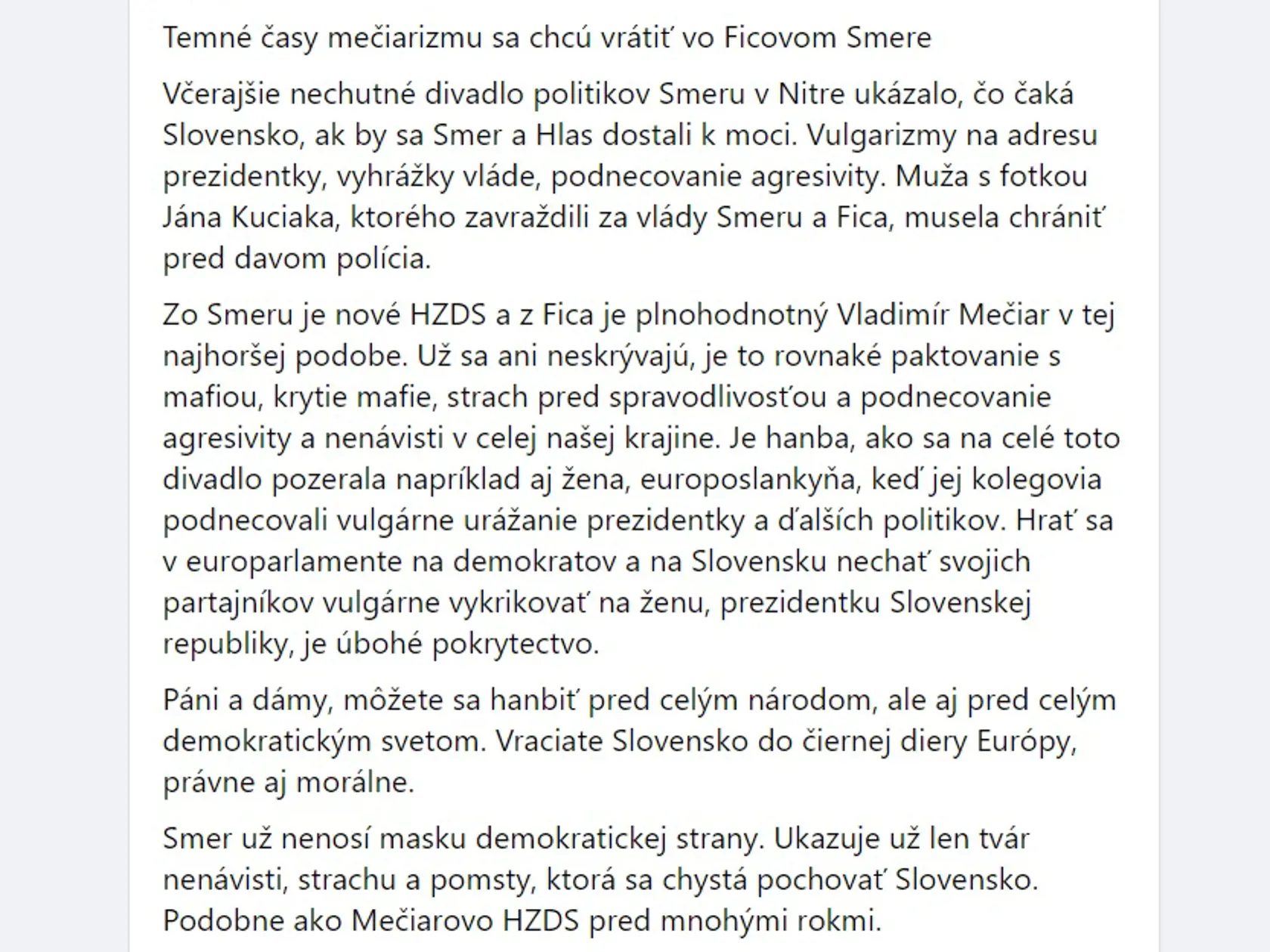 Vicepremiérka Veronika Remišová Fica porovnala s Mečiarom: "Zo Smeru je nové HZDS a z Fica je plnohodnotný Vladimír Mečiar v tej najhoršej podobe."