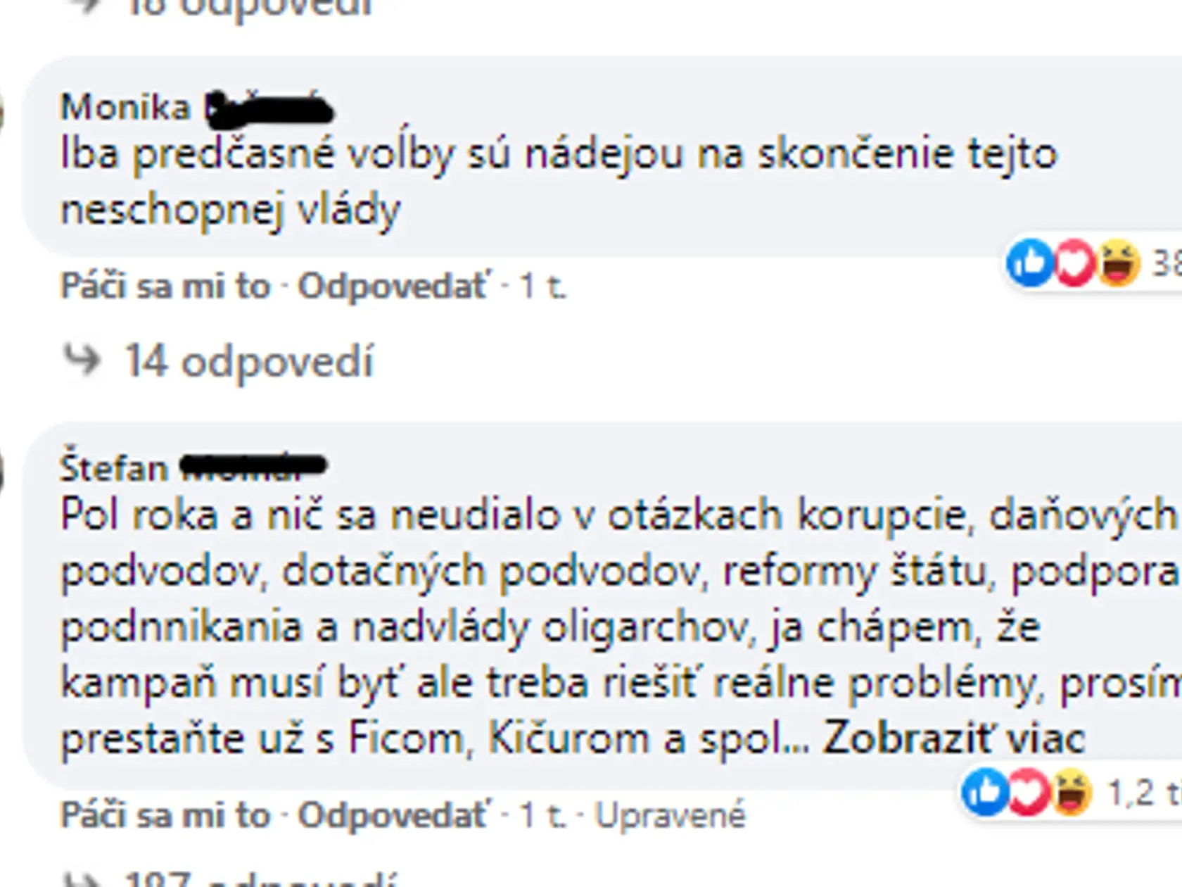 Príspevky pod statusom premiéra Igora Matoviča na sociálnej sieti.