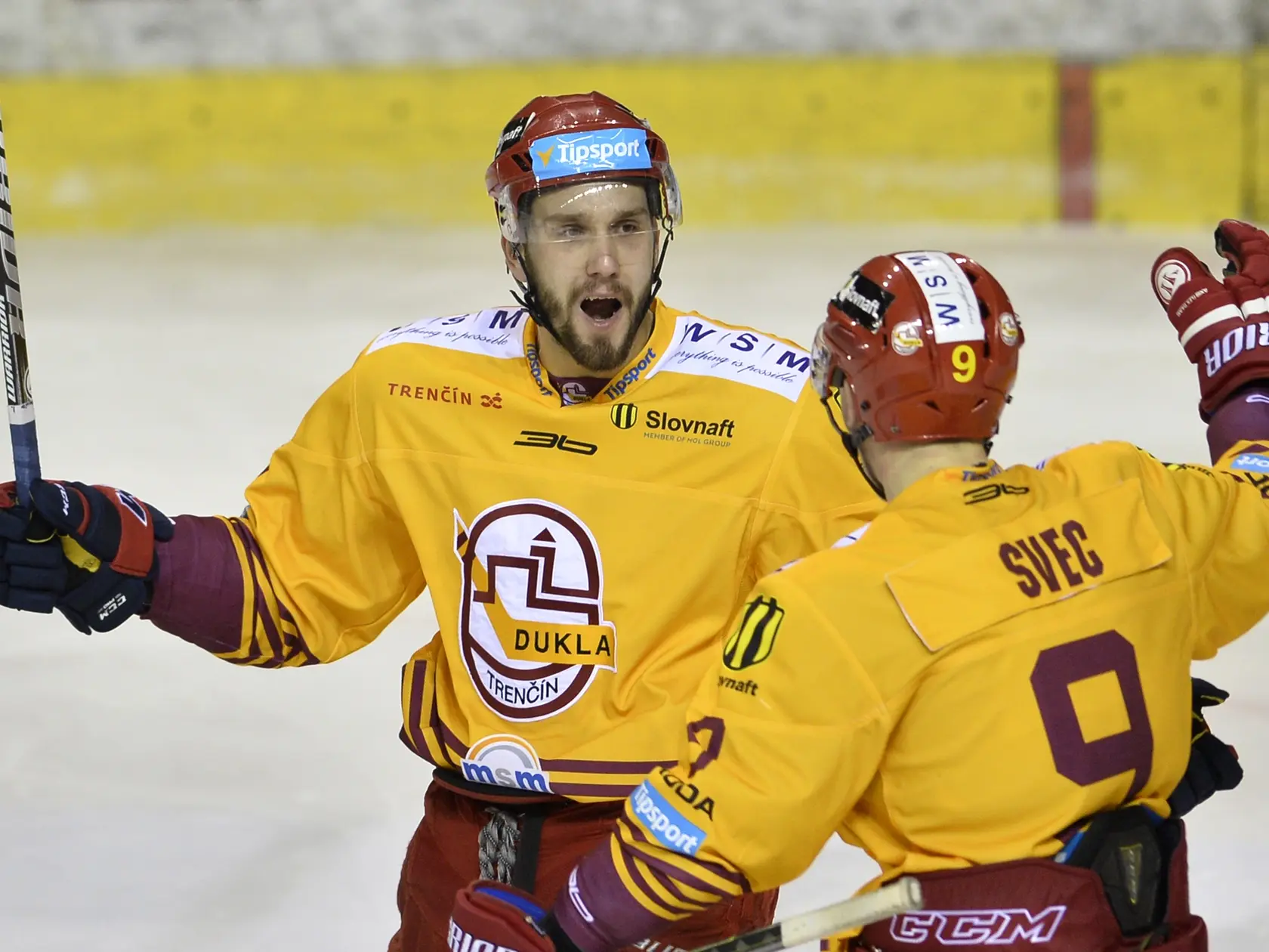 Trenčan Denis Hudec (vľavo) sa teší po góle so spoluhráčom Jozefom Švecom v zápase 24. kola Tipsport Ligy HK Dukla Trenčín - HC'05 iClinic Banská Bystrica, 22. novembra 2015 v Trenčíne. FOTO TASR - Radovan Stoklasa 