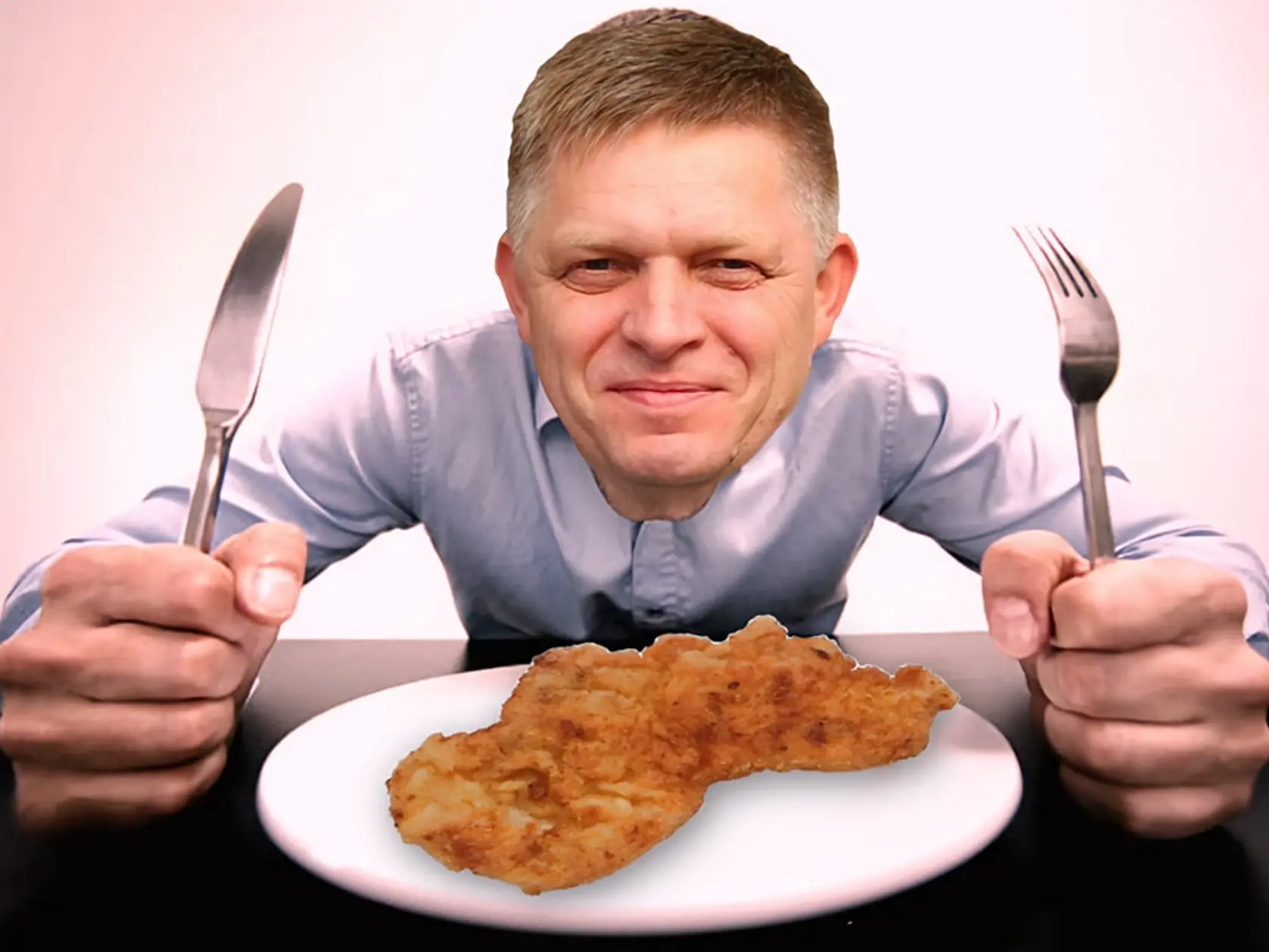 Radosť vidieť, ako sa  premiér Robert Fico teší na nedeľný obed deň po víťazstve Petra Pellegriniho v prezidentských voľbách. Vážení, ak si nezaslúži ten rezeň teraz, tak kedy? Robo ideš, želáme dobrú chuť!