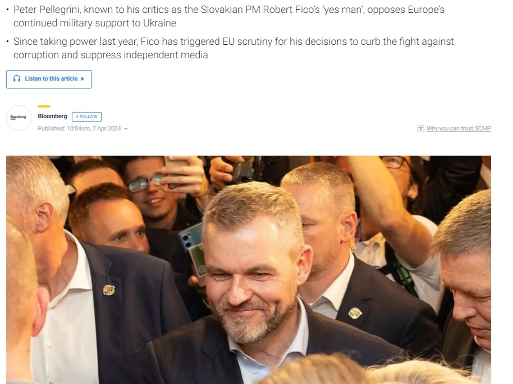 Robert Fico si podľa denníka South China Morning Post zabezpečí vďaka výsledku prezidentských volieb absolútnu moc v krajine. "Peter Pellegrini, známy svojim kritikom ako ten, ktorý premiérovi Ficovi na všetko povie áno, je proti pokračujúcej vojenskej podpore Európy Ukrajine."