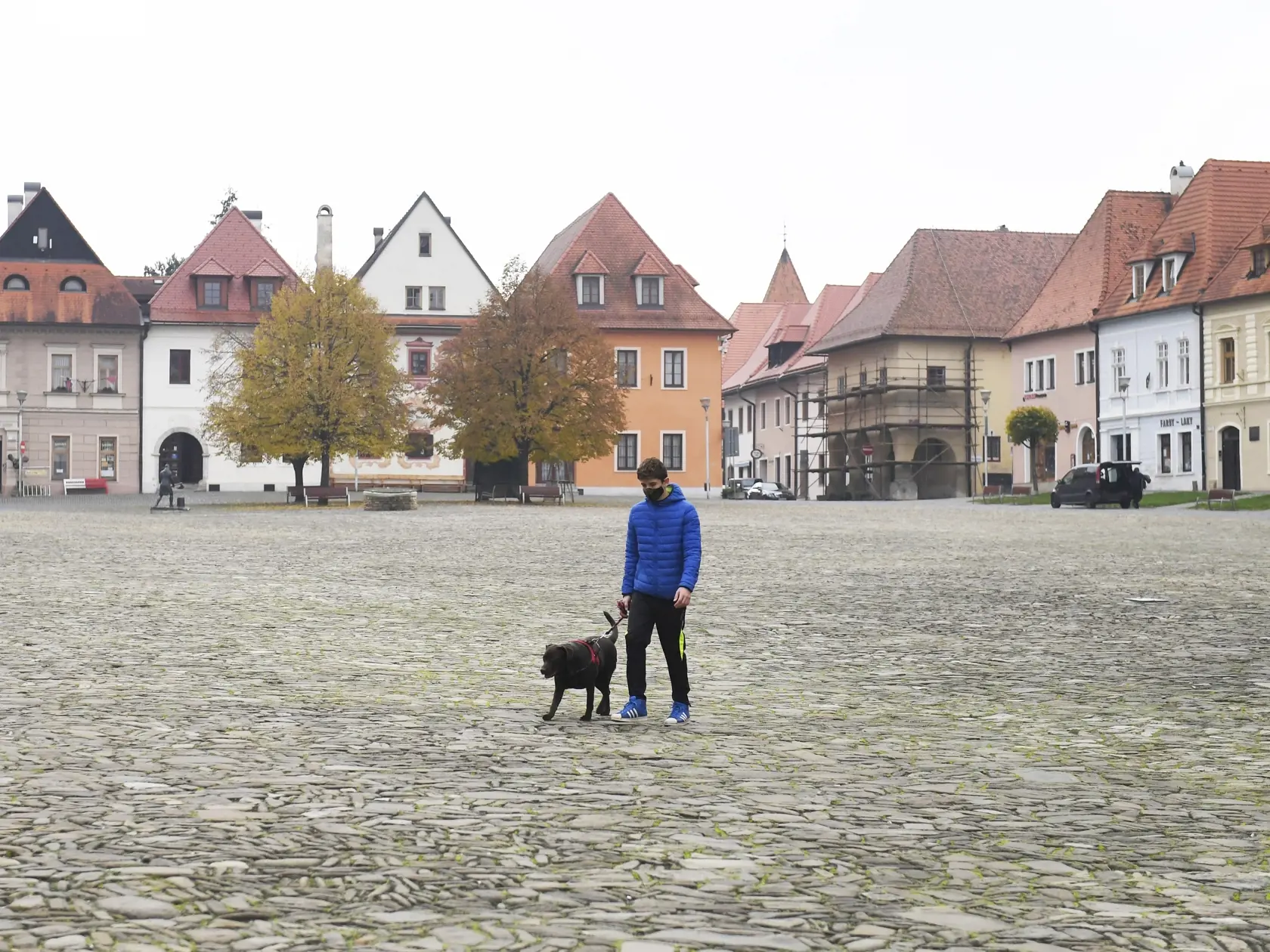 Od soboty 24.októbra až do nedele 1. novembra platí na celom Slovensku zákaz vychádzania s výnimkou ciest na testovanie, do práce, cesty na výkon podnikateľskej činnosti alebo inej obdobnej činnosti či zabezpečenia nevyhnutných potrieb, či pobytu v prírode v okrese bydliska. Na snímke chlapec počas prechádzky so psom na prázdnom Radničnom námestí v Bardejove 24. októbra 2020. FOTO TASR – František Iván