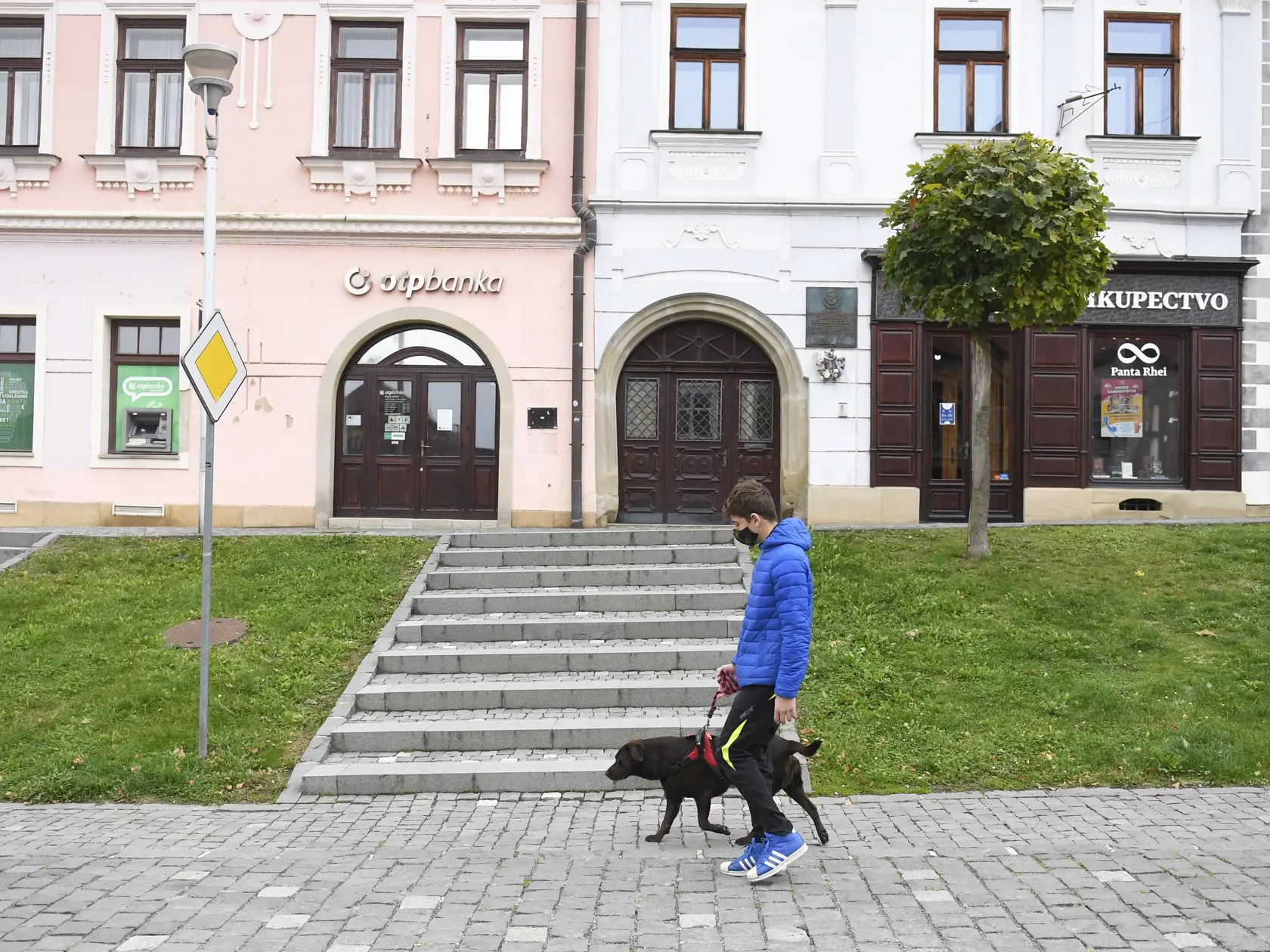 Od soboty 24.októbra až do nedele 1. novembra platí na celom Slovensku zákaz vychádzania s výnimkou ciest na testovanie, do práce, cesty na výkon podnikateľskej činnosti alebo inej obdobnej činnosti či zabezpečenia nevyhnutných potrieb, či pobytu v prírode v okrese bydliska. Na snímke chlapec počas prechádzky so psom na prázdnom Radničnom námestí v Bardejove 24. októbra 2020. FOTO TASR – František Iván