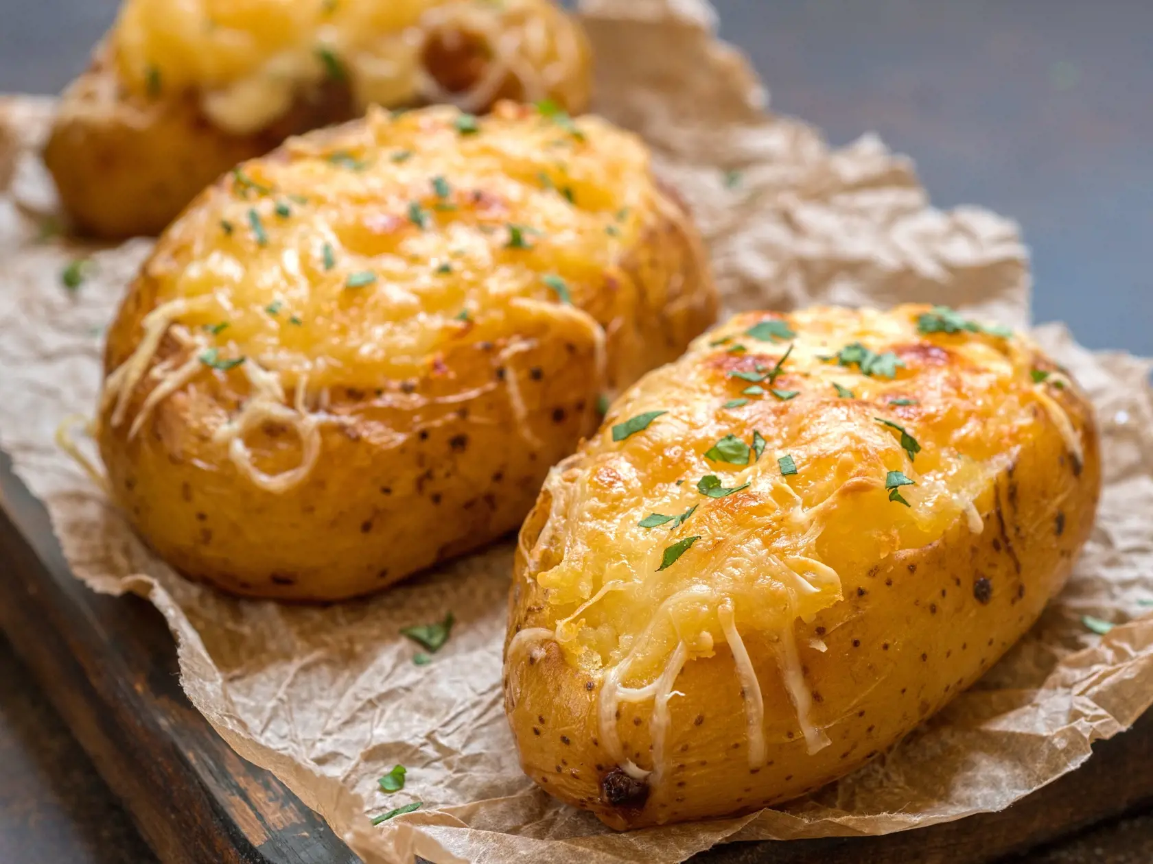 Baked loaded potato with bacon, cheese and onion