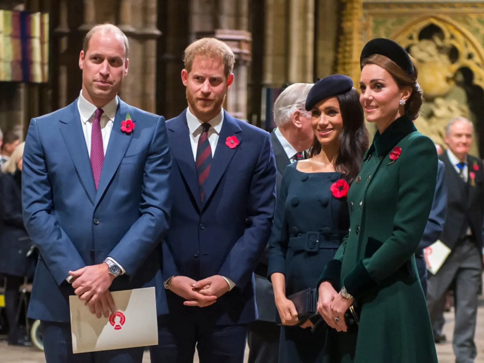 LONDON, ENGLAND - NOVEMBER 11: Prince William, Duke of Cambridge and Catherine, Duchess of Cambridge, Prince Harry, Duke of Sussex and Meghan, Duchess of Sussex attend a service marking the centenary of WW1 armistice at Westminster Abbey on November 11, 2018 in London, England. The armistice ending the First World War between the Allies and Germany was signed at Compiègne, France on eleventh hour of the eleventh day of the eleventh month - 11am on the 11th November 1918. This day is commemorated