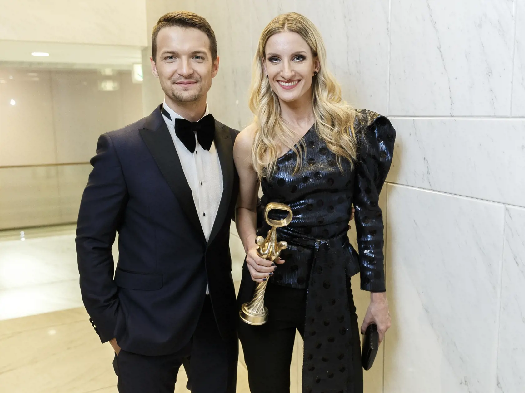 Na snímke počas párty po skončení priameho prenosu z galavečera OTO 2019. Na snímke Viktor Vincze a Adela Vinczeová.