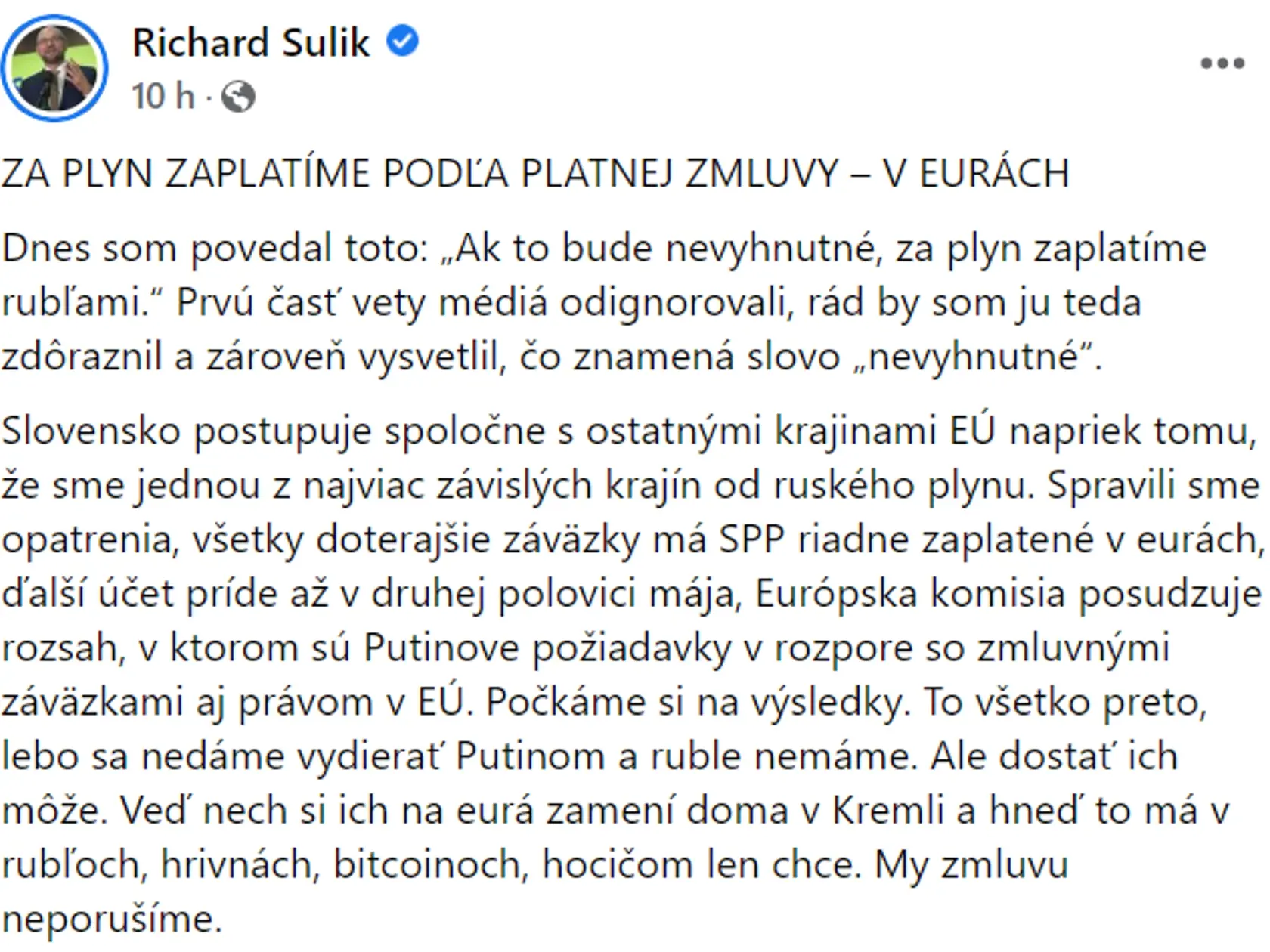 Sulík musel svoje tvrdenia o nakupovaní ruského plynu upresňovať na sociálnej sieti.
