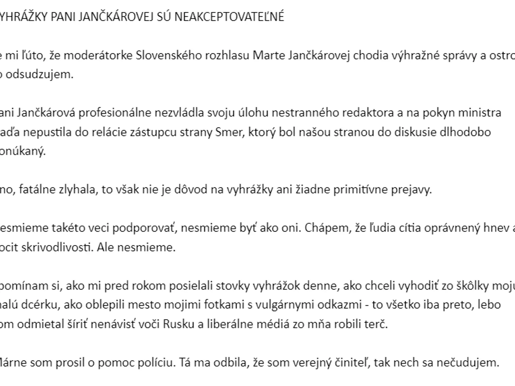 Blaha sa vyjadruje k vyhrážkam, ktoré boli adresované moderátorke RTVS.