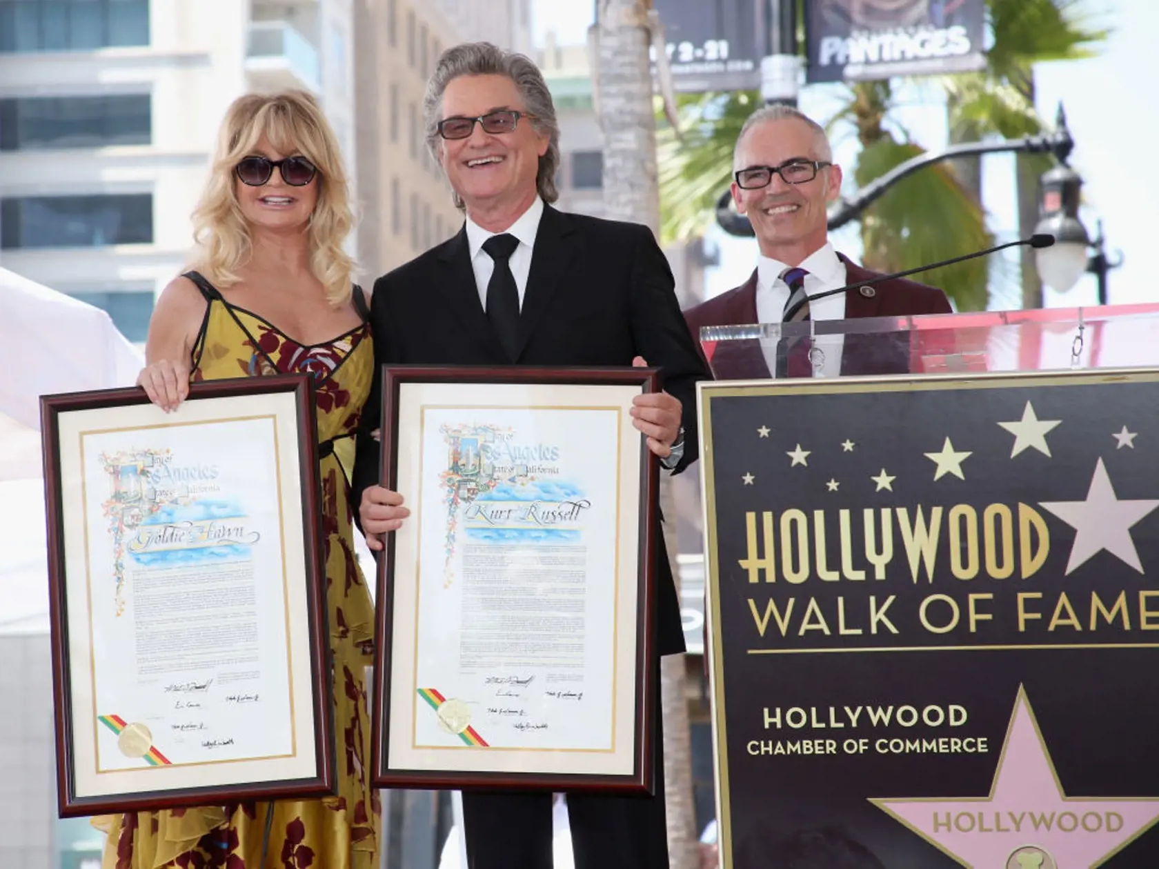 HOLLYWOOD, CA - MAY 04:  (L-R) Honorees Goldie Hawn, Kurt Russell and Los Angeles Councilmember Mitch O'Farrell at Goldie Hawn and Kurt Russell are honored with a Star On the Hollywood Walk of Fame on May 4, 2017 in Hollywood, California.  (Photo by Jesse Grant/Getty Images for Disney)