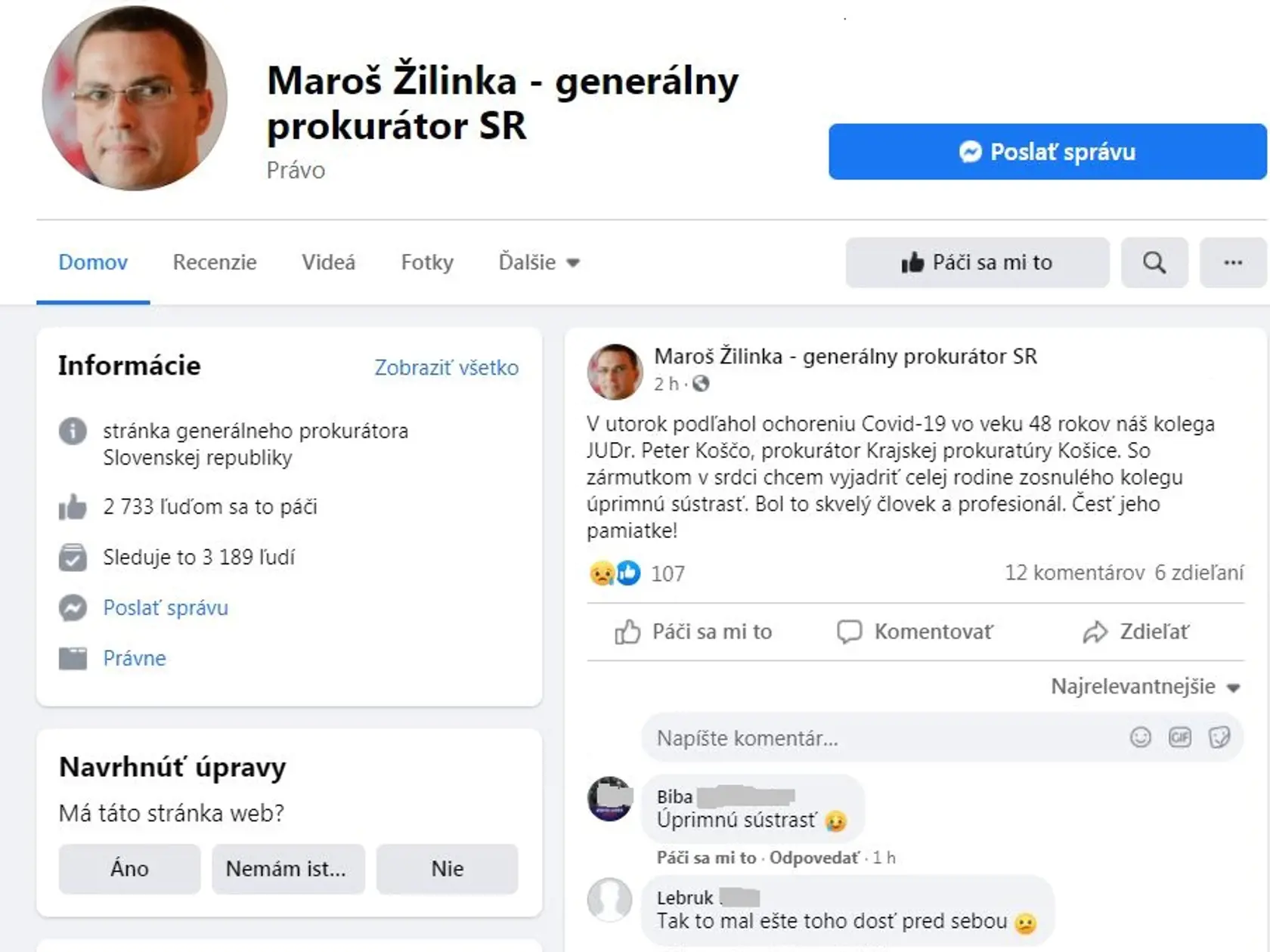 Smutnú informáciu zverejnil na sociálnej sieti generálny prokurátor M. Žilinka.