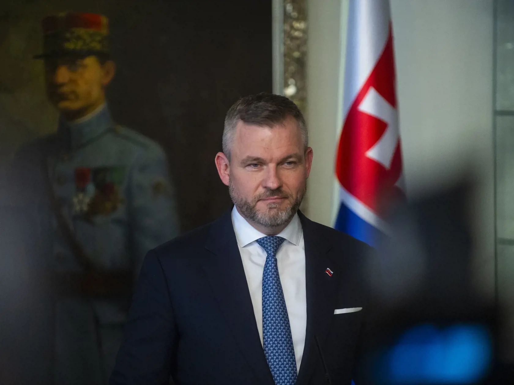 Na snímke novozvolený prezident SR Peter Pellegrini (Hlas-SD) počas tlačovej konferencie k skončeniu funkcie predsedu NRSR 8. apríla 2024 v Bratislave.