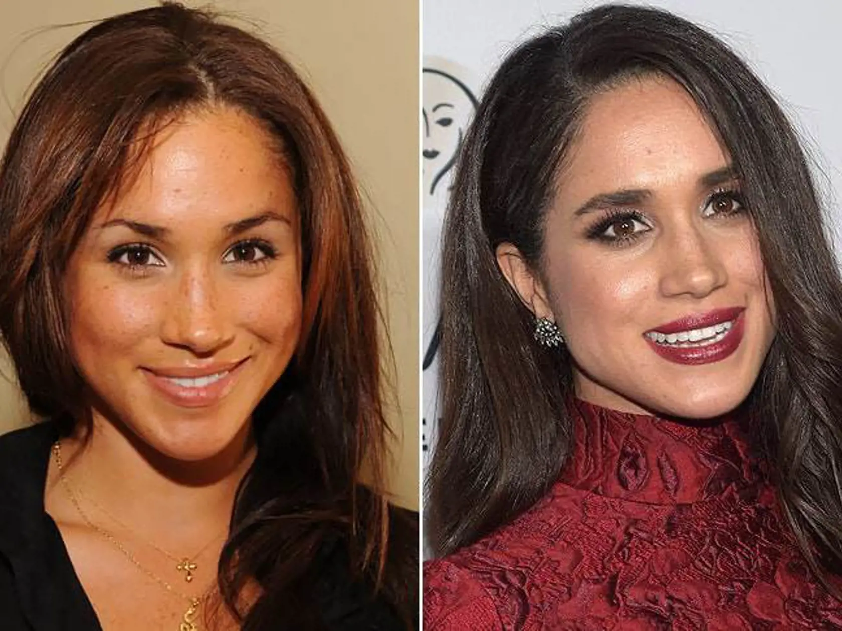 Správnou úpravou obočia a zvýraznením pier dokáže Meghan Markle so svojou tvárou divy. S mejkupom na tvári pôsobí omnoho staršie.