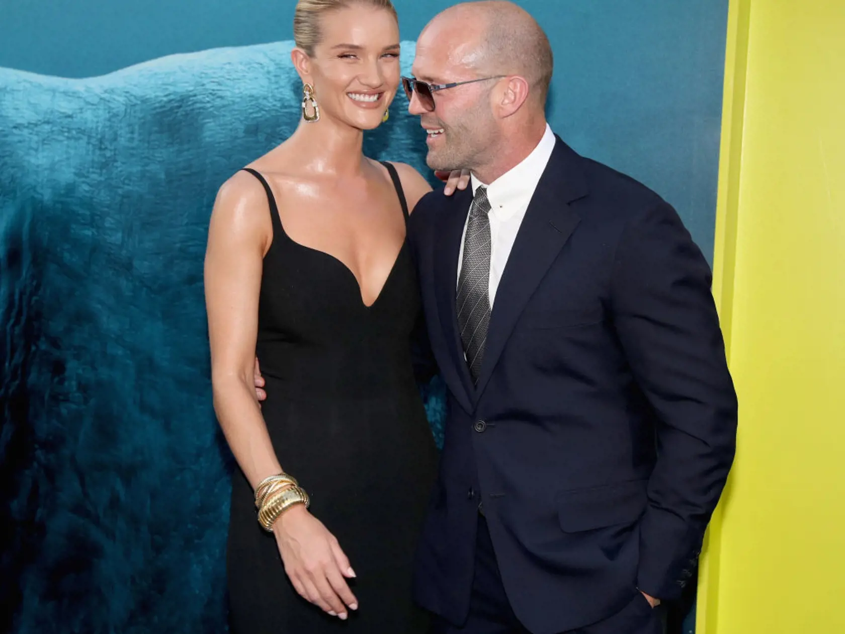 HOLLYWOOD, CA - AUGUST 06:  Rosie Huntington-Whiteley (L) and Jason Statham attend Warner Bros. Pictures And Gravity Pictures' Premiere of 'The Meg' at TCL Chinese Theatre IMAX on August 6, 2018 in Hollywood, California.  (Photo by Christopher Polk/Getty Images)