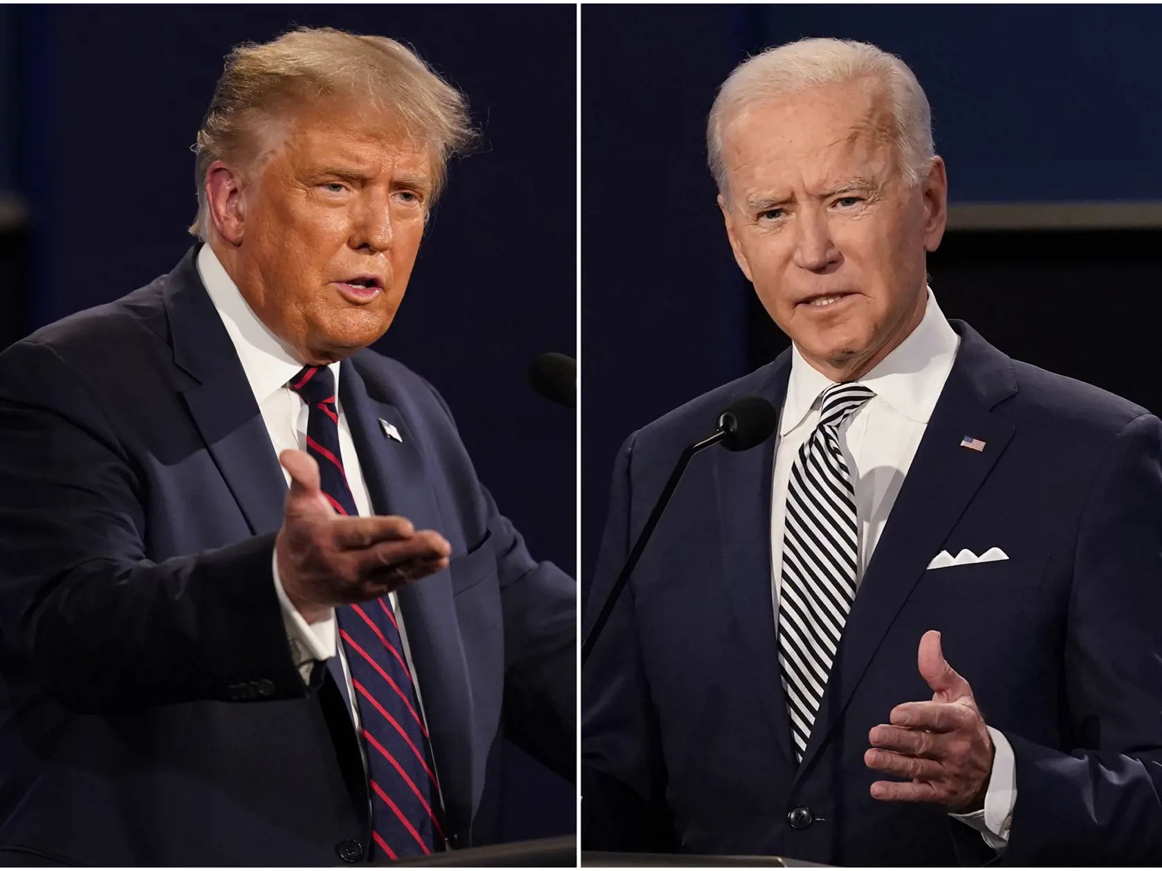 KK9 Ohio - Na kombosnímke z 29. septembra 2020 zľava americký prezident Donald Trump a bývalý americký viceprezident Joe Biden počas prvej predvolebnej prezidentskej debaty v Clevelande. Prezident Spojených štátov Donald Trump sa nezúčastní v poradí druhej predvolebnej debaty so svojím demokratickým súperom Joeom Bidenom. Uviedol to vo štvrtok 8. októbra 2020 po tom, čo Komisia pre prezidentské debaty (CPD) rozhodla, že debata sa uskutoční len vo virtuálnej podobe. FOTO TASR/AP
This combination 