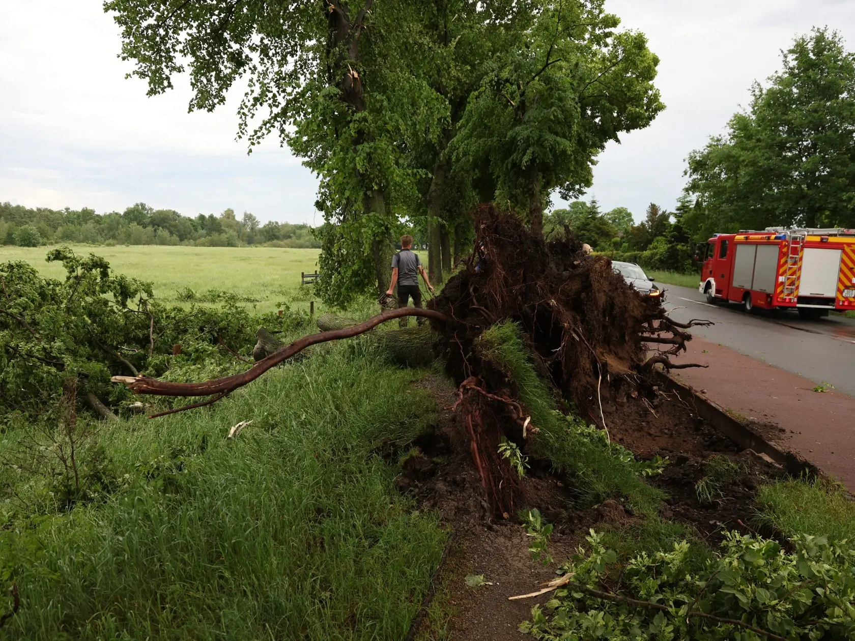 KK48 Lippstadt - Hasičské auto stojí vedľa vyvráteného stromu po pravdepodobnom vyčíňaní tornáda v nemeckom Lippstadte 20. mája 2022. FOTO TASR/AP
A fire engine is seen near an uprooted tree after a suspected tornado in Lippstadt, Germany, Friday, May 20, 2022. (Friso Gentsch/dpa via AP)