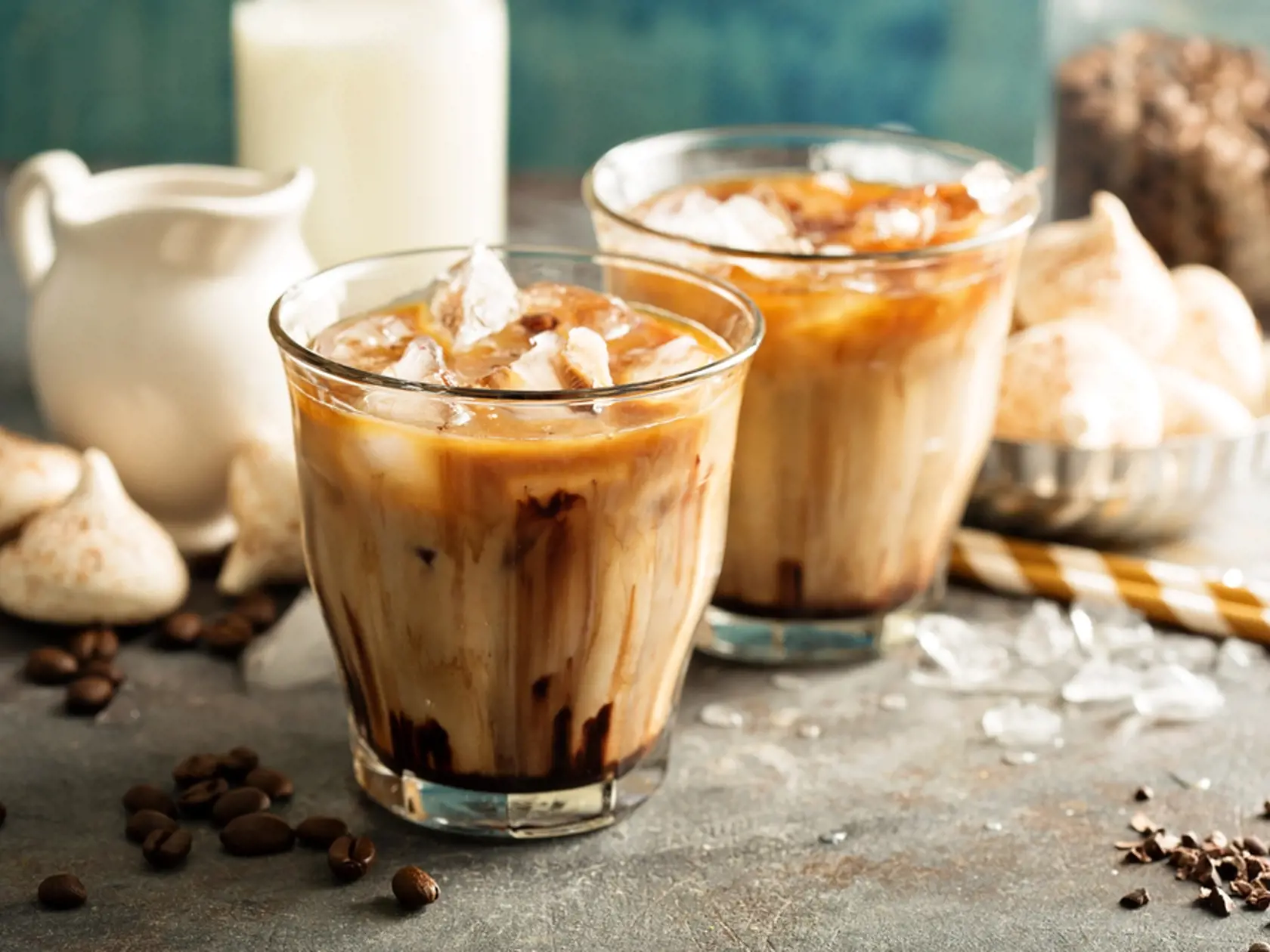 Iced,Coffee,With,Milk,,Chocolate,Syrup,And,Meringues.