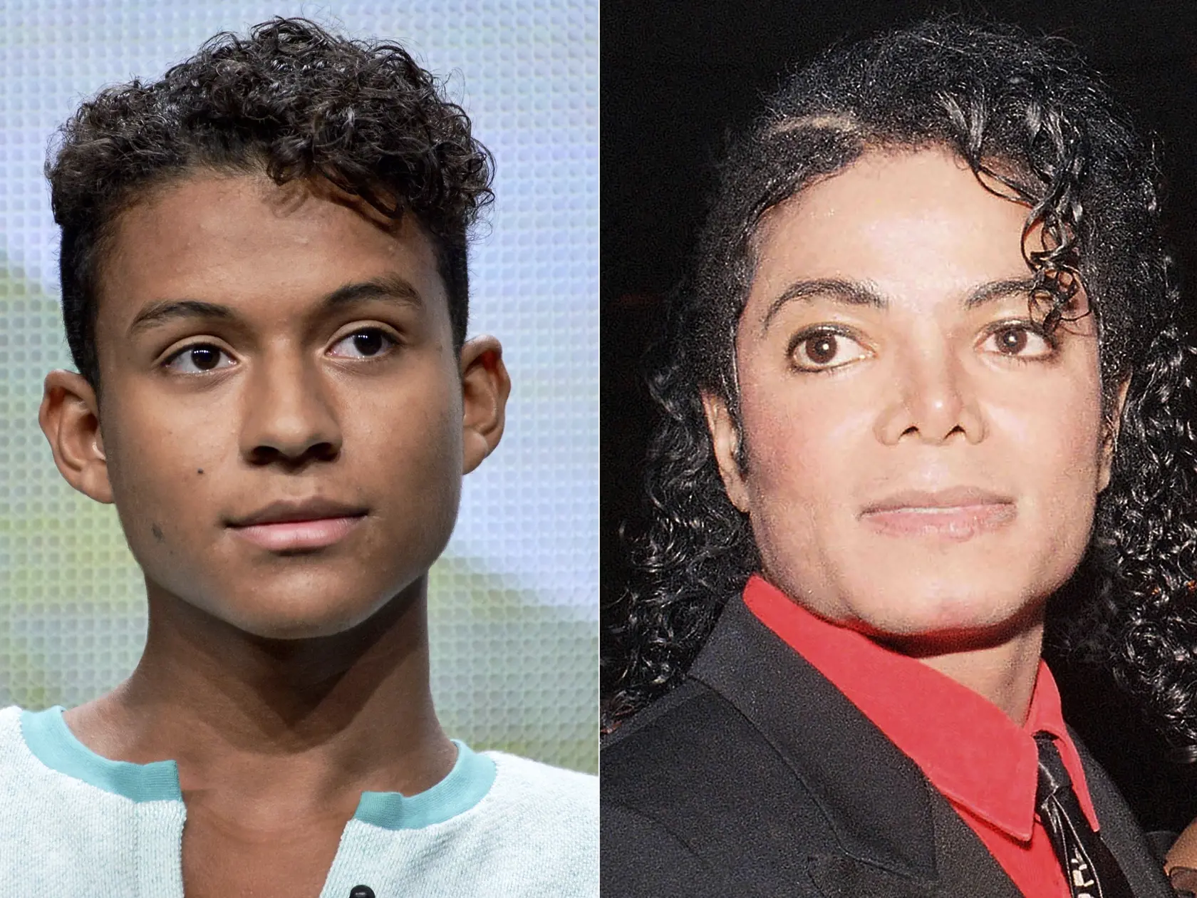 Vľavo Jaafar Jackson, synovec amerického speváka Michaela Jacksona z 12. júla 2014 a vpravo Michael Jackson sa účastní na slávnostnom galavečere udeľovania cien americkej kinematografie 9. januára 1987. Amerického popového speváka Michaela Jacksona stvárni v pripravovanom životopisnom filme jeho synovec, Jaafar Jackson.