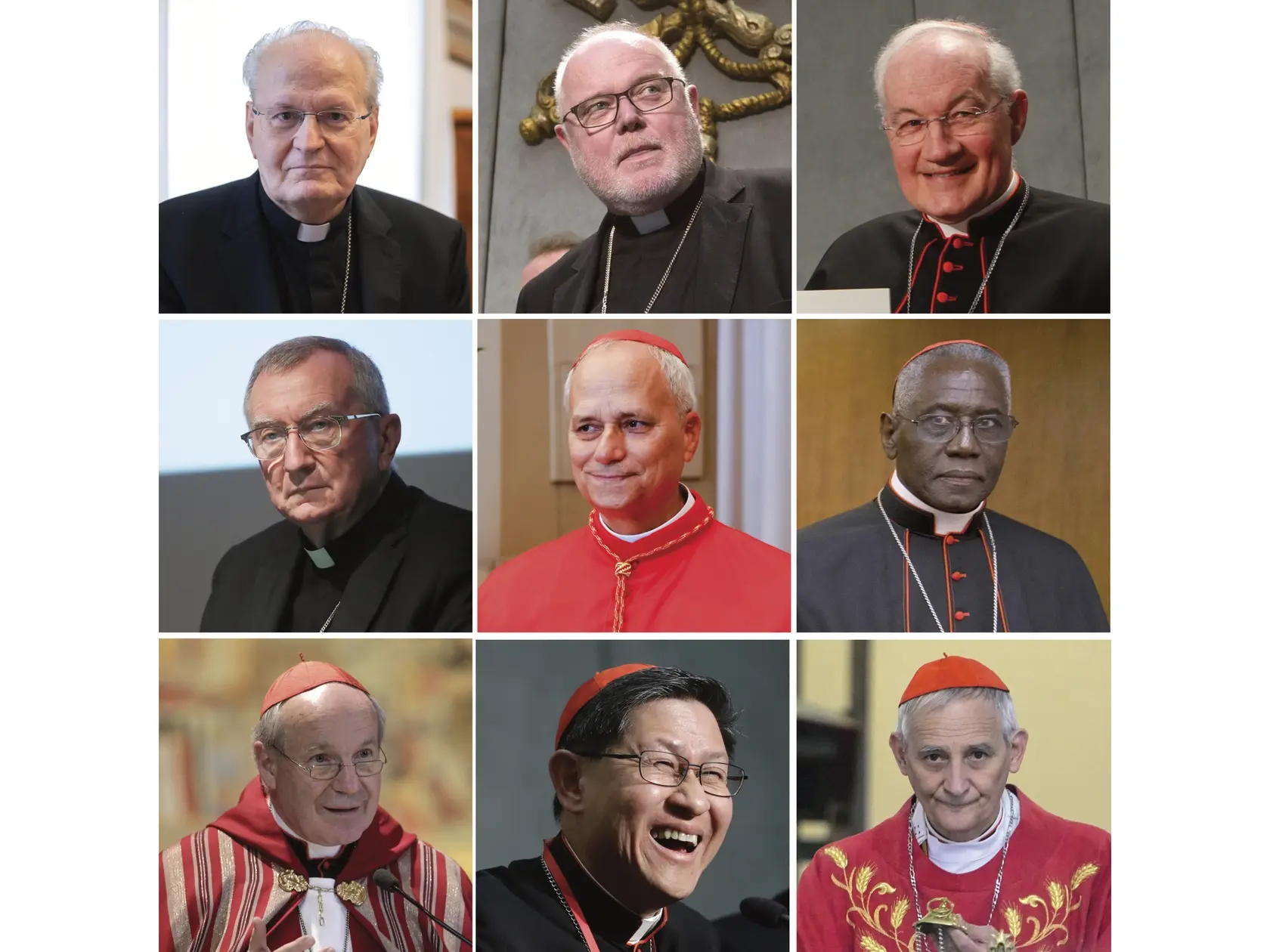 Na kombosnímke sú poprední kandidáti, známi ako „papabili“ na novú hlavu katolíckej cirkvi po úmrtí pápeža Františka. Horný rad zľava maďarský kardinál Péter Erdő, nemecký kardinál Reinhard Marx a kanadský kardinál Marc Ouellet. Stredný rad zľava taliansky kardinál a doterajší vatikánsky štátny sekretár Pietro Parolin, peruánsky kardinál Robert Prevost a guinejský kardinál Robert Sarah. Dolný rad zľava rakúsky kardinál Christoph Schönborn, filipínsky kardinál Luis Antonio Tagle a taliansky kardinál Matteo Zuppi. Po úmrtí pápeža Františka je svätopeterský stolec neobsadený. Počas obdobia známeho ako sedisvakancia vedenie rímskokatolíckej cirkvi preberá kolégium kardinálov. Kardináli následne zo svojich radov zvolia novú hlavu katolíckej cirkvi. Pápež František zomrel vo veku 88 rokov na Veľkonočný pondelok 21. apríla 2025. Hlavou katolíckej cirkvi bol od roku 2013. Svätý Otec zomrel na mozgovú príhodu, ktorá spôsobila kómu a "nezvratné" zlyhanie srdca. Vyplýva to z jeho úmrtného listu, ktorý zverejnil Vatikán v pondelok večer 21. apríla. Hlava katolíckej cirkvi zomrela v pondelok ráno o 7.35 h, takmer mesiac po prepustení z päťtýždňového pobytu v nemocnici, kde sa liečil z dvojitého zápalu pľúc.