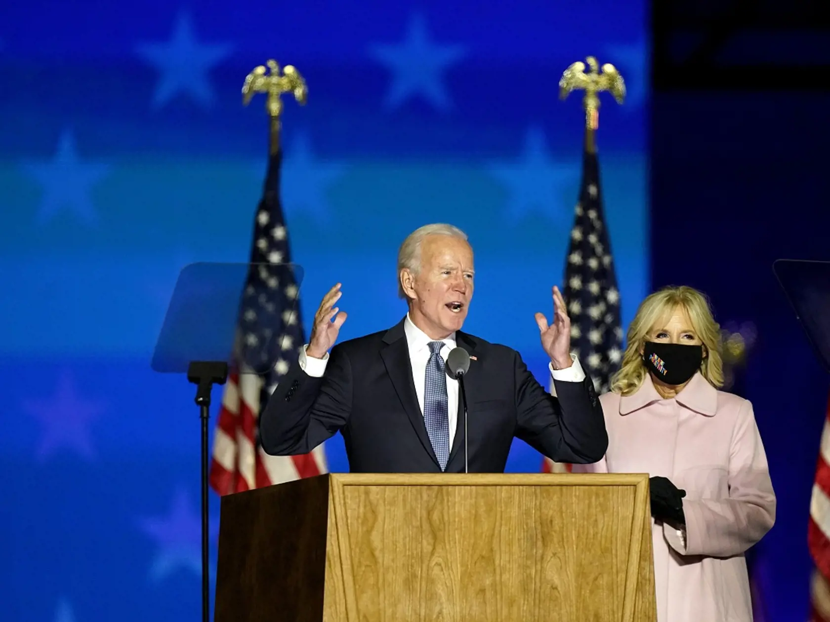 Joe Biden hovorí pred svojimi stúpencami vo Wilmingtone, Delaware