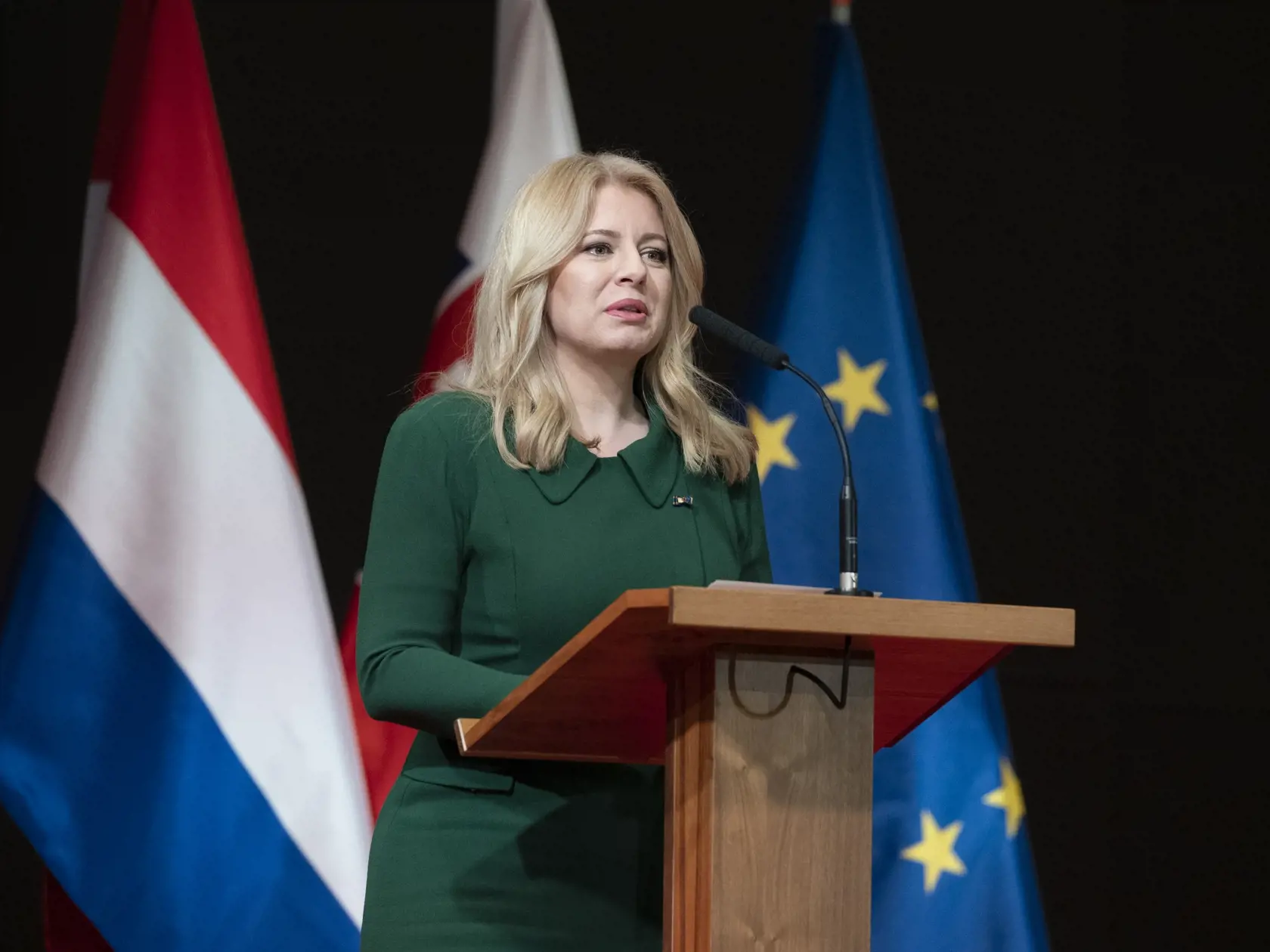 Na snímke prezidentka SR Zuzana Čaputová počas príhovoru na Slovensko-holandskom biznis fóre „Future Is Now“ v Zimnej jazdiarni v areáli Bratislavského hradu 8. marca 2023. FOTO TASR - Pavel Neubauer