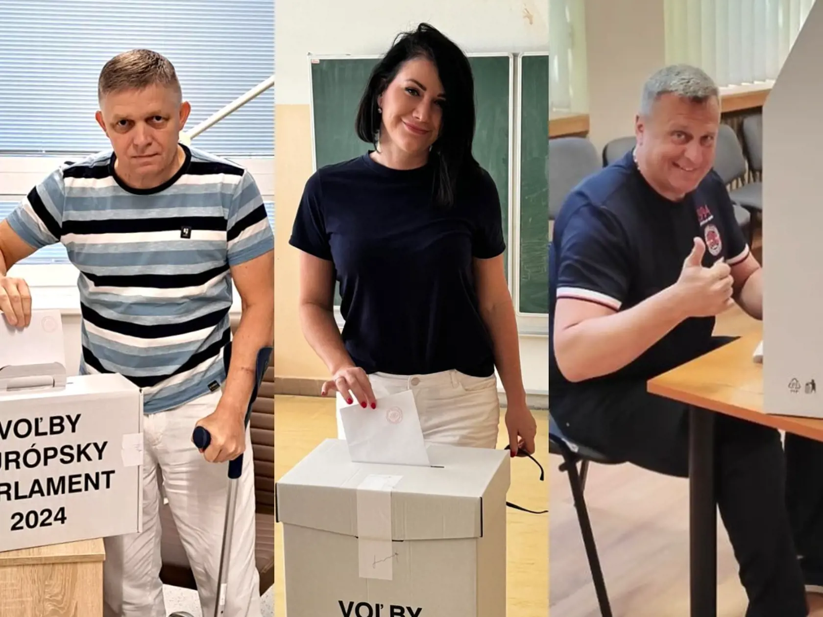 koláž fotiek politikov ako volia do europarlamentu 2024.Na fotke je premiér Robert Fico voliaci z nemocnice, kandidátka Jana Cigániková a šéf národniarov Andrej Danko.